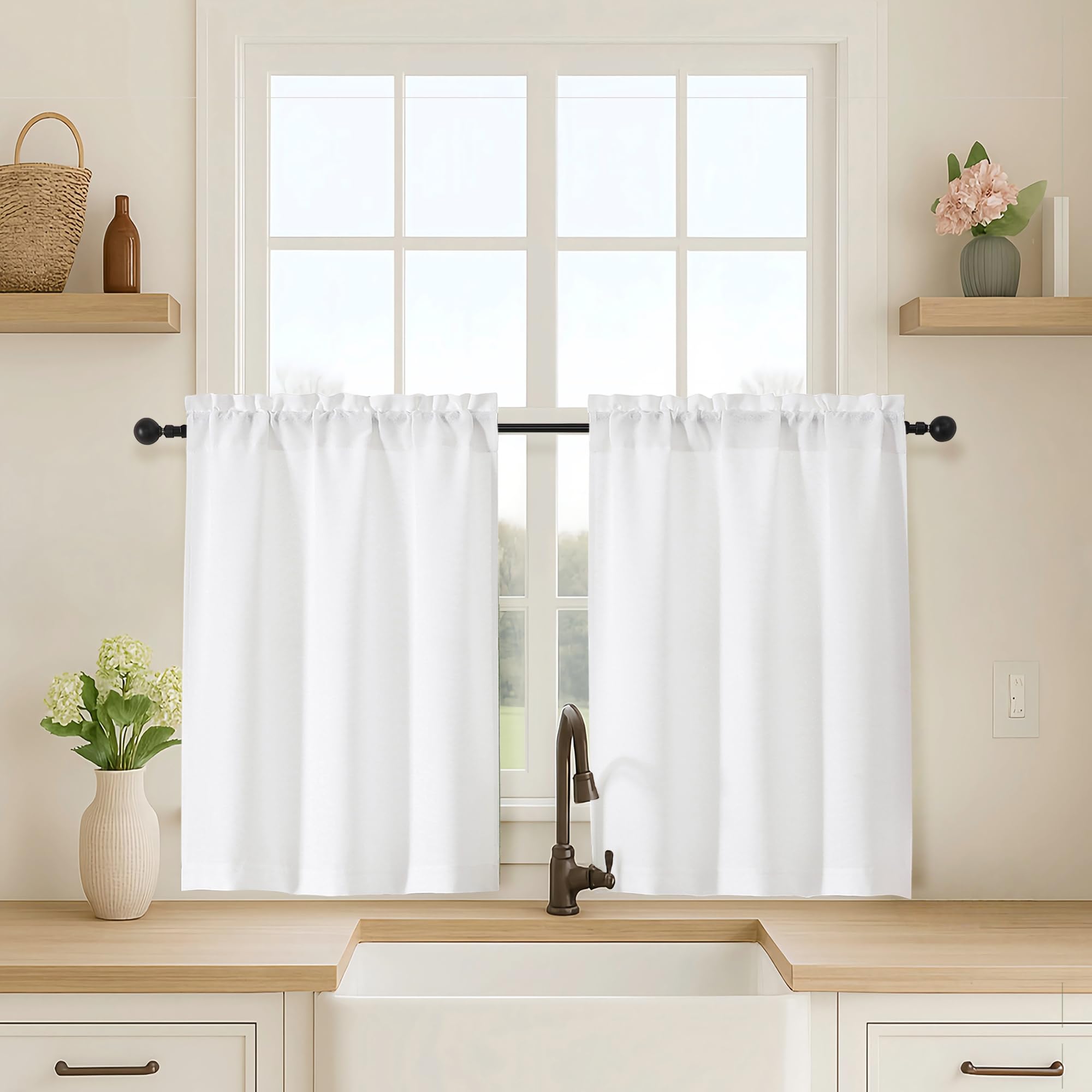 OVZME Kitchen Curtains 24 Inch Length, Light Filtering Faux Linen Textured Small Cafe Curtains, Short Window Curtain Tiers for Cabinet Bathroom Basement RV Camper, 30Wx24L Inch, 2PCS, Terracotta