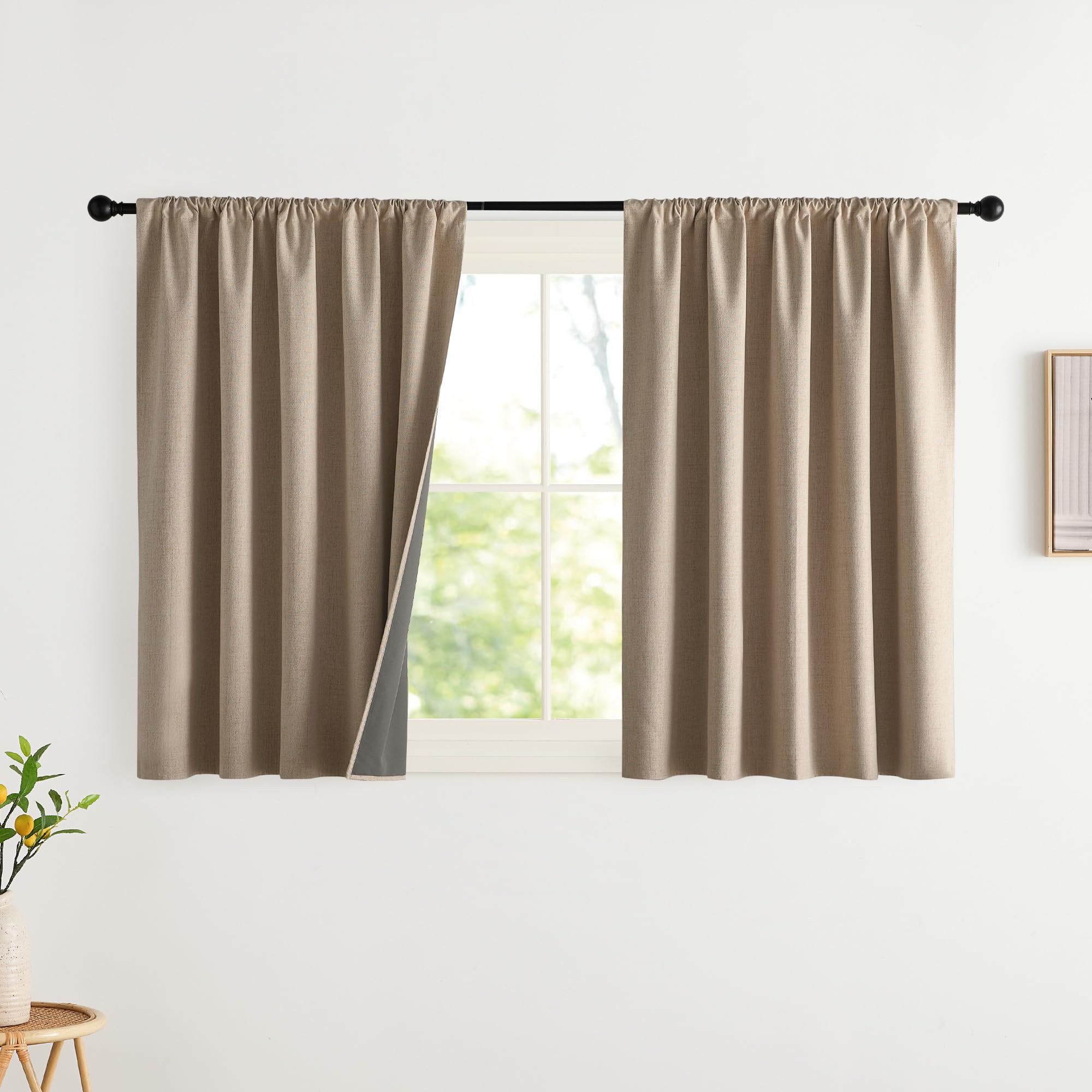 NICETOWN 100% Blackout Curtains for Bedroom, Living Room - Linen Textured Thermal Insulated Drapes Rod Pocket Top, Black Out Curtains with Grey Liner for Privacy, Natural, W52 x L80 in, 2 Panels