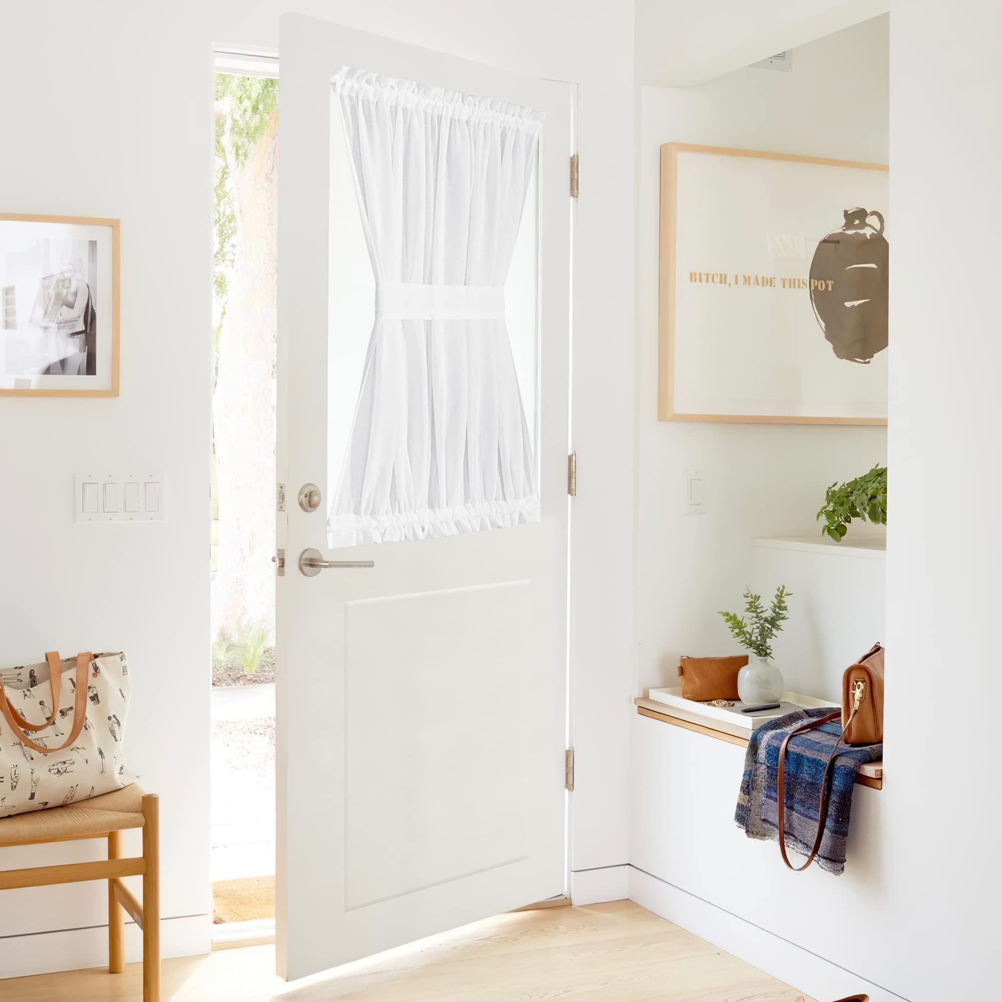 NICETOWN Front Door Curtain - Soft Beige Linen Weave Pattern Door Shade for Windows Light Filtering Rod Pocket French Window Cover for Entryway/Garage with Tieback, 1 Panel, 26" W x 40" L