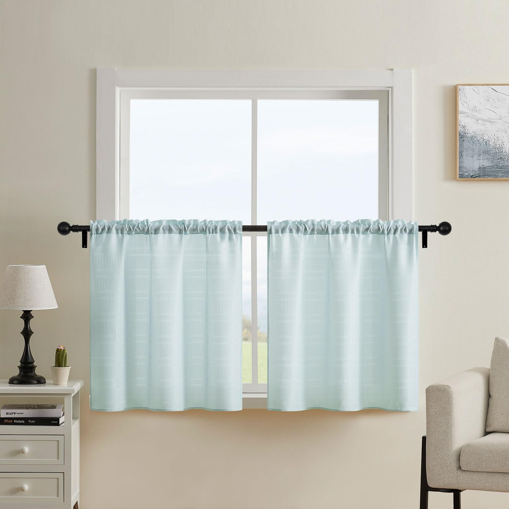 Home Queen White Water Resistant Bathroom Window Curtain, Waffle Textured Half Tier Curtains for Kitchen Cafe, 30" W X 36" L Inches, Set of 2