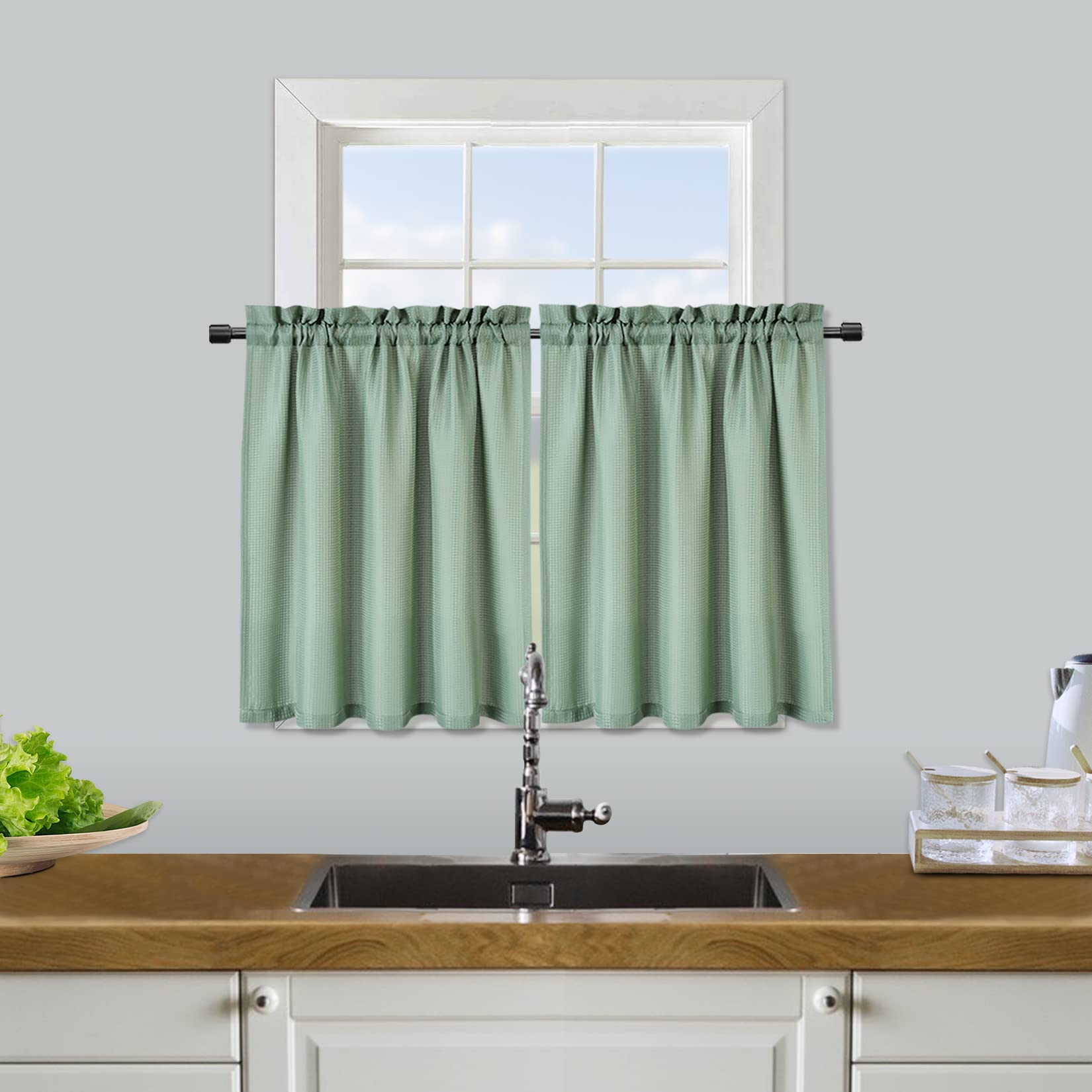 HOMERRY Waffle Textured Short Curtains Small Window Curtains Farmhouse Half Window Tier Curtains Waterproof Kitchen Curtains for Bathroom Kitchen Bedroom Living Room, Grey 30" W x36 L