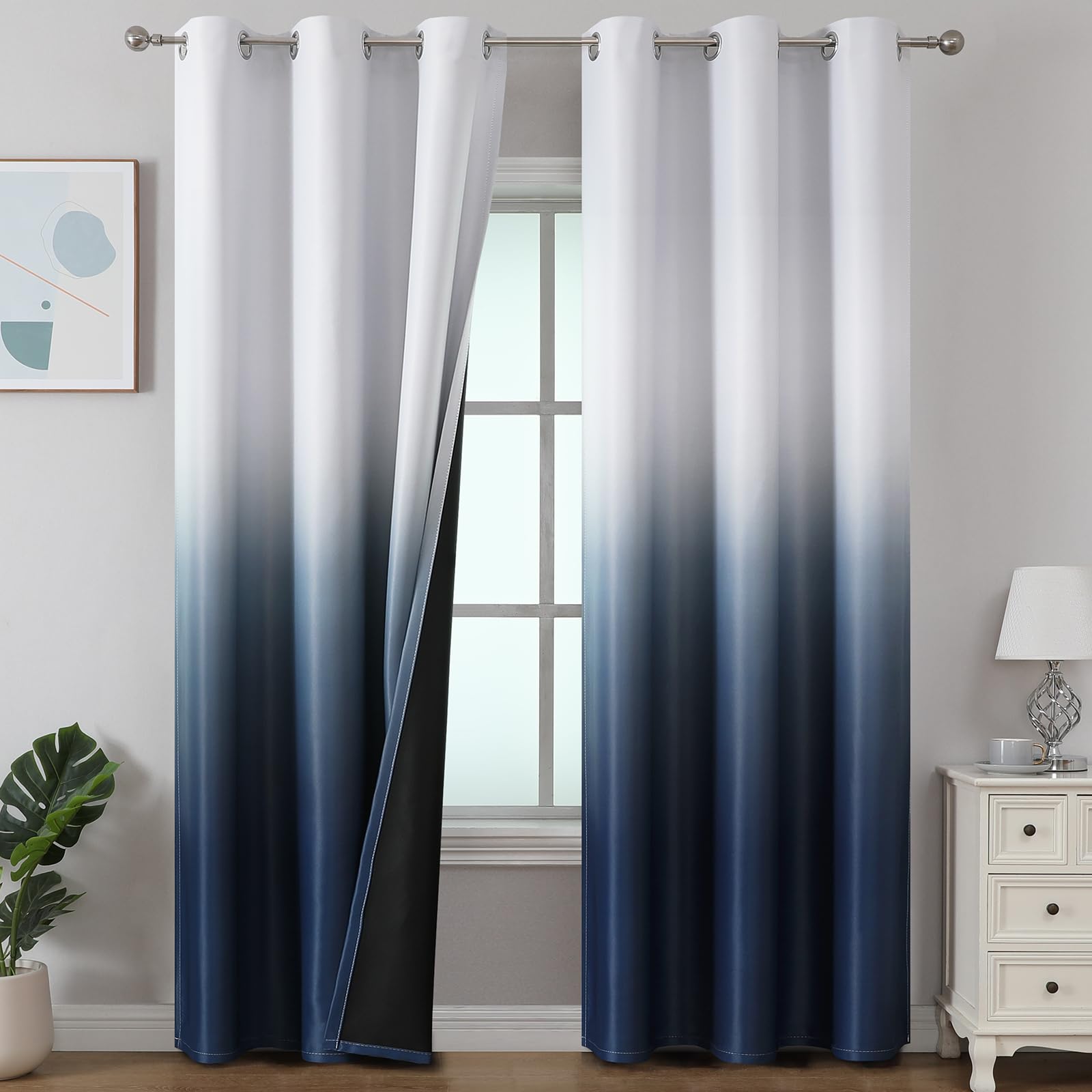 Estelar Textiler Black and Greyish White Blackout Curtains for Bedroom, Ombre Black out Curtains 84 Inch long for Living Room,Room Darkening Thermal Insulated Grommet Window Drapes,52x84 Inch,2 Panels