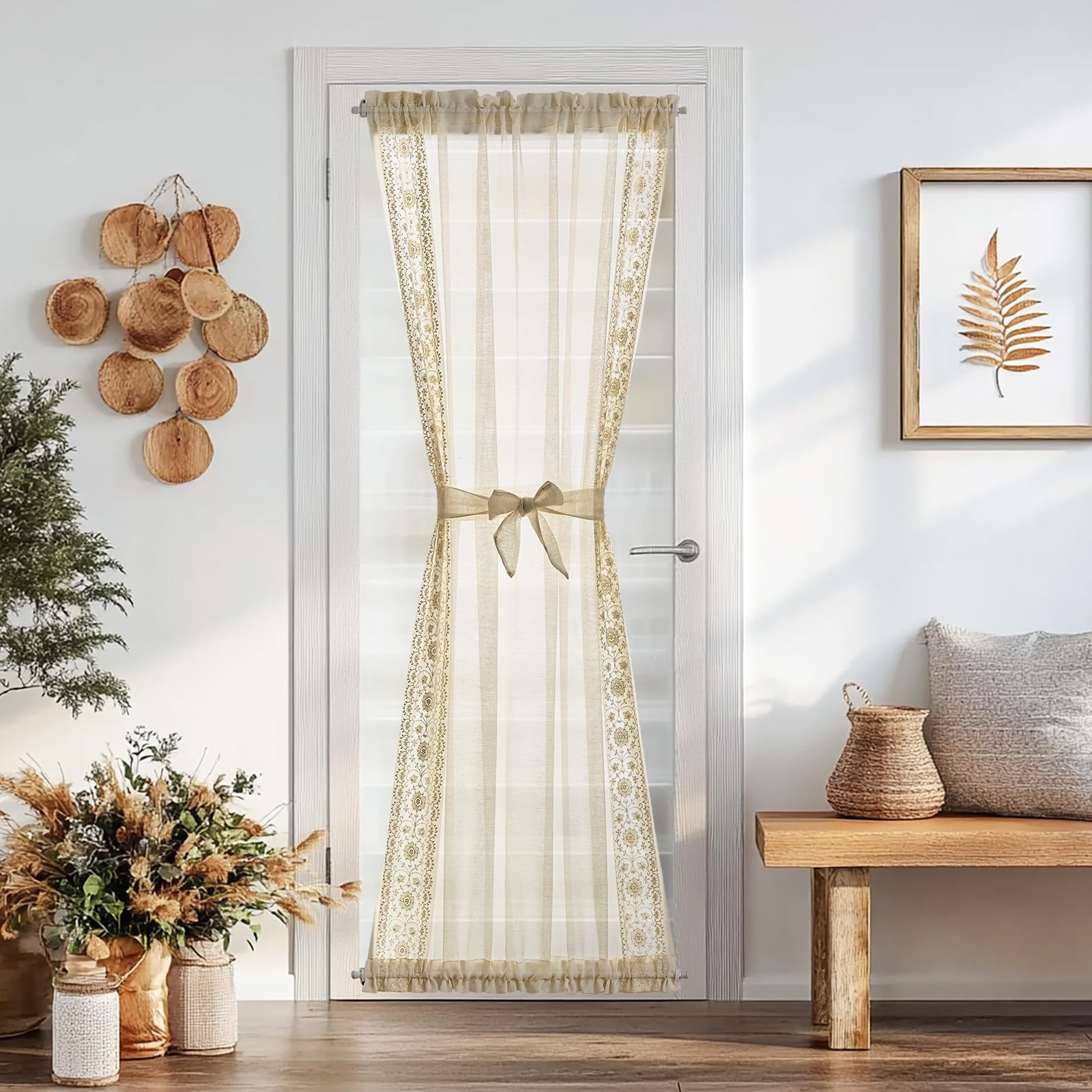 jinchan French Door Curtain Privacy Boho Embroidered Semi Sheer Voile Front Curtain for Window Doorway Closet, Door Panel with Tieback Rod Pocket 1 Panel (White on Beige, 55W x 40L Inch)