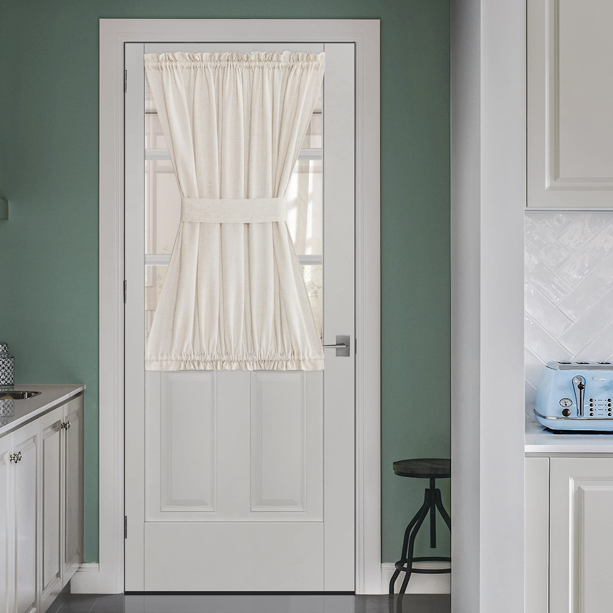 NICETOWN Front Door Curtain - Soft Beige Linen Weave Pattern Door Shade for Windows Light Filtering Rod Pocket French Window Cover for Entryway/Garage with Tieback, 1 Panel, 26" W x 40" L