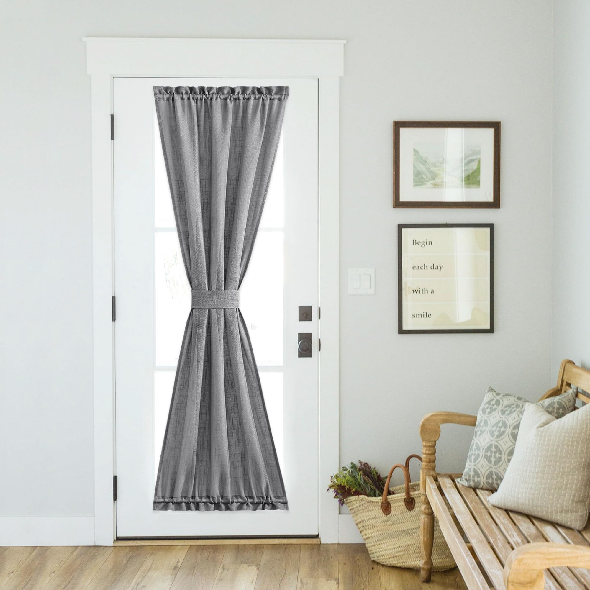 NICETOWN Front Door Curtain - Soft Beige Linen Weave Pattern Door Shade for Windows Light Filtering Rod Pocket French Window Cover for Entryway/Garage with Tieback, 1 Panel, 26" W x 40" L