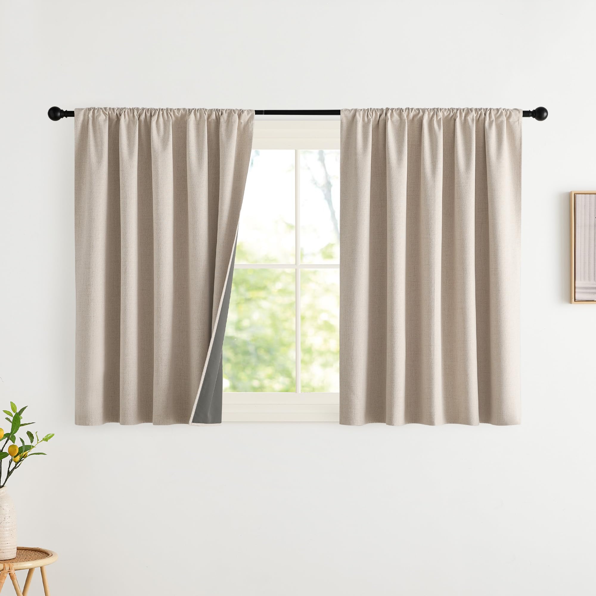 NICETOWN 100% Blackout Curtains for Bedroom, Living Room - Linen Textured Thermal Insulated Drapes Rod Pocket Top, Black Out Curtains with Grey Liner for Privacy, Natural, W52 x L80 in, 2 Panels