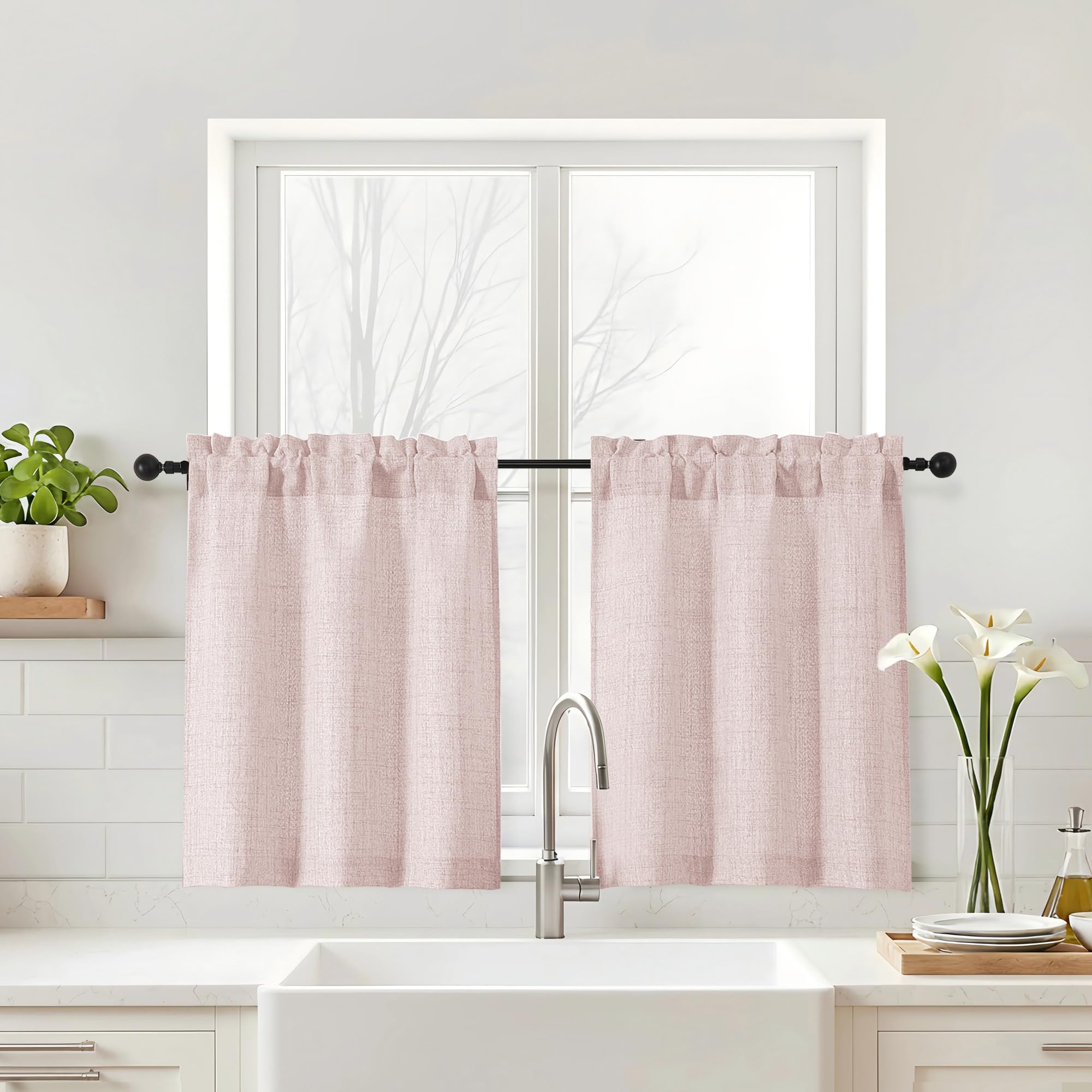 Navy Blue Kitchen Curtains 24 Inch Length - Faux Linen Textured Light Filtering Short Curtains for Bathroom, Rod Pocket Small Kitchen Window Curtains Over Sink, 2 Panels, 30Wx24L Inches