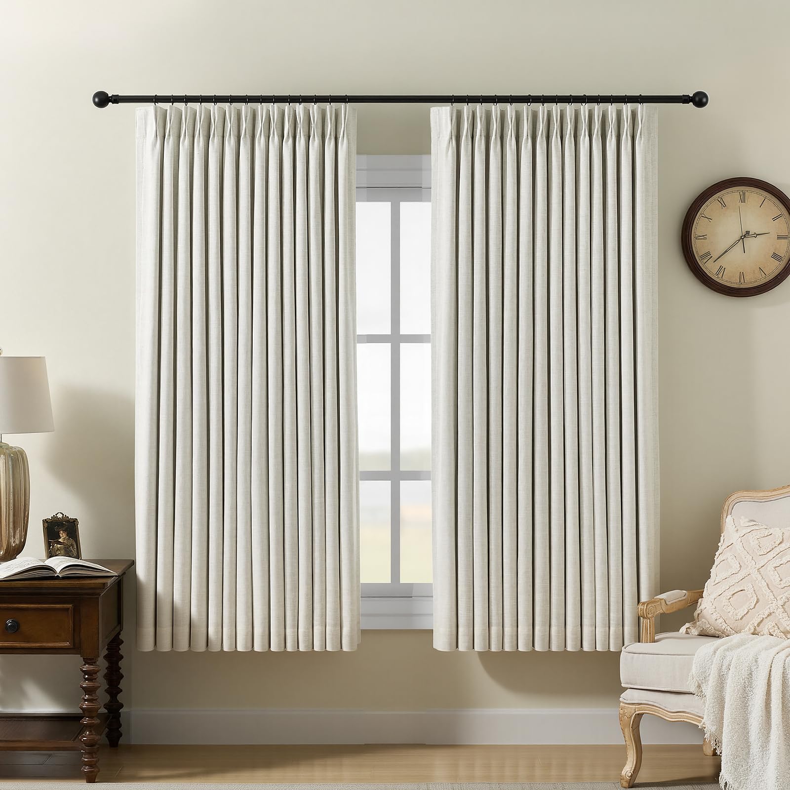 Pinch Pleated Curtains 100% Blackout Linen Curtains 95 Inches Long for Bedroom Living Room, Natural Memory Trained Thermal Insulated Room Darkening Window Pleat Drapes with Hooks, 2 Panels, 40"Wx95"L