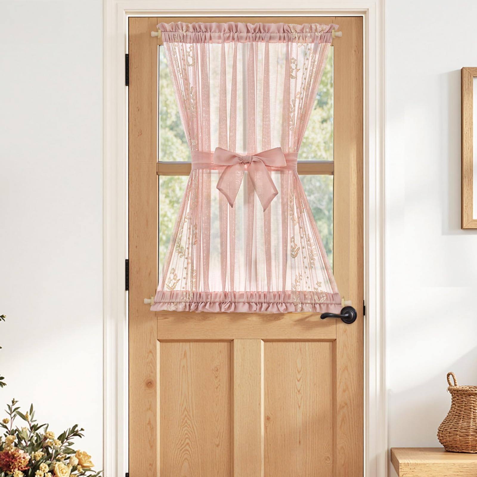 jinchan French Door Curtain Privacy Boho Embroidered Semi Sheer Voile Front Curtain for Window Doorway Closet, Door Panel with Tieback Rod Pocket 1 Panel (White on Beige, 55W x 40L Inch)