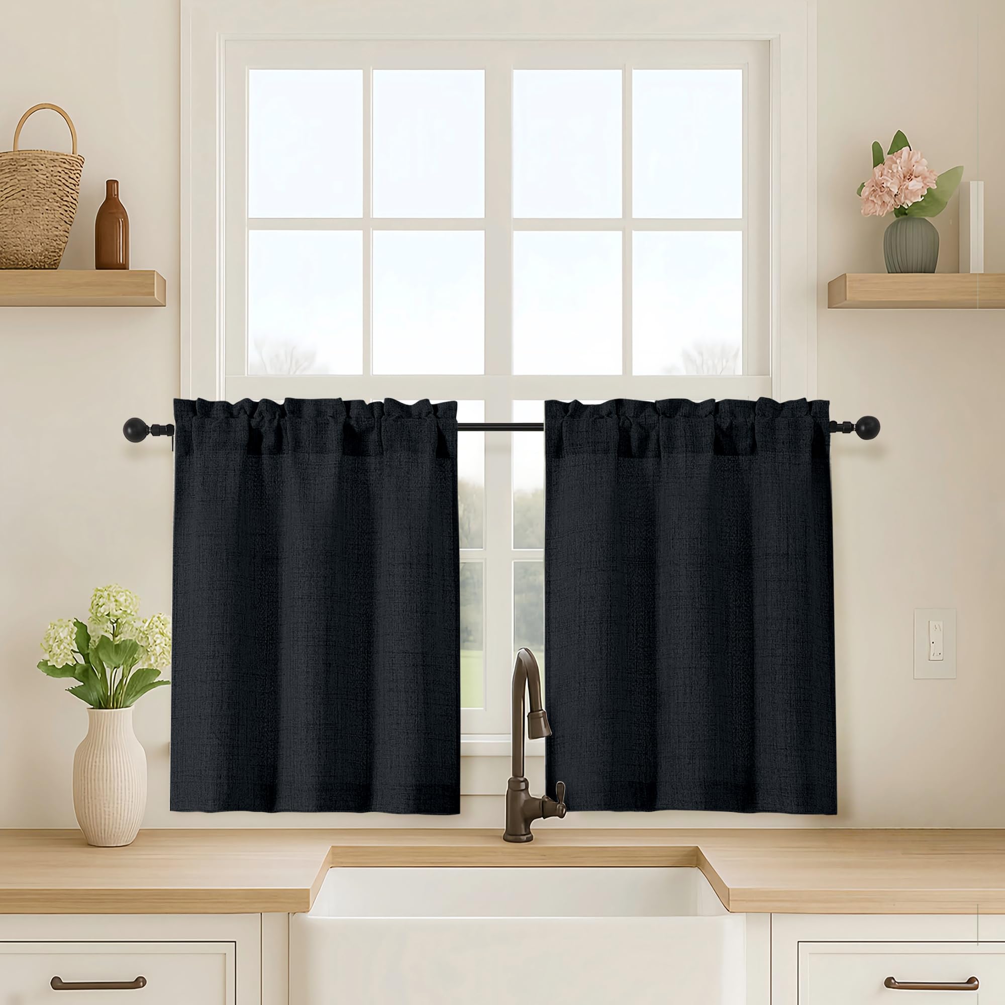 OVZME Kitchen Curtains 24 Inch Length, Light Filtering Faux Linen Textured Small Cafe Curtains, Short Window Curtain Tiers for Cabinet Bathroom Basement RV Camper, 30Wx24L Inch, 2PCS, Terracotta