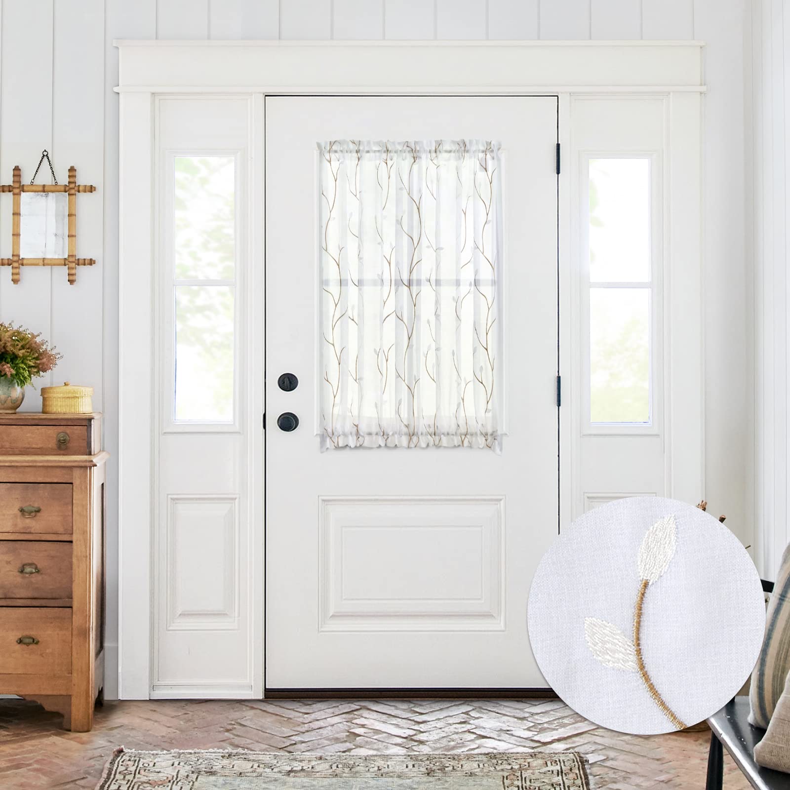 jinchan French Door Curtain Privacy Boho Embroidered Semi Sheer Voile Front Curtain for Window Doorway Closet, Door Panel with Tieback Rod Pocket 1 Panel (White on Beige, 55W x 40L Inch)