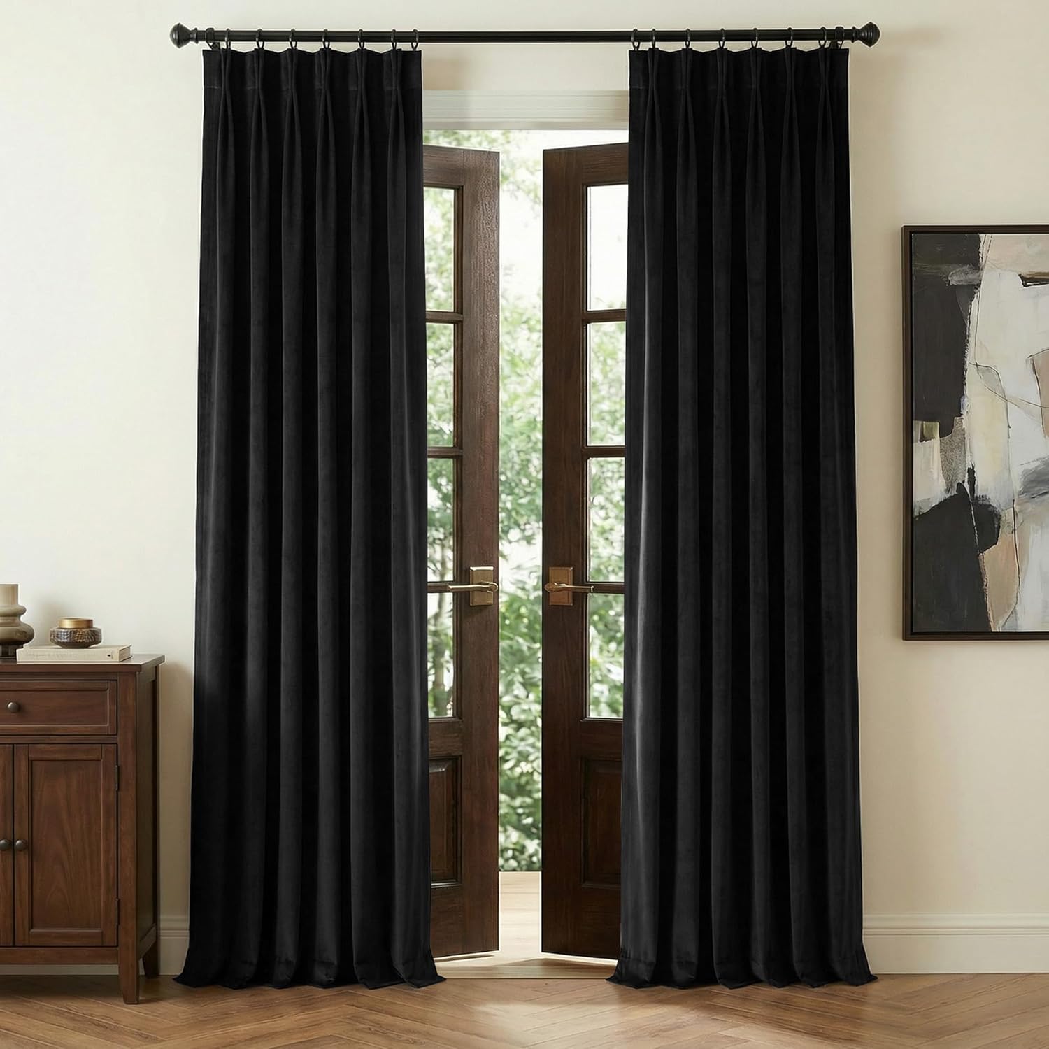 NICETOWN Black Velvet Pinch Pleated Blackout Room Darkening Window Curtains 92 Inch Long for Living/Dining Room Bedroom Theater Heat Insulate Velvet Back Tab Track Drapes Hooks 2 Panels W40