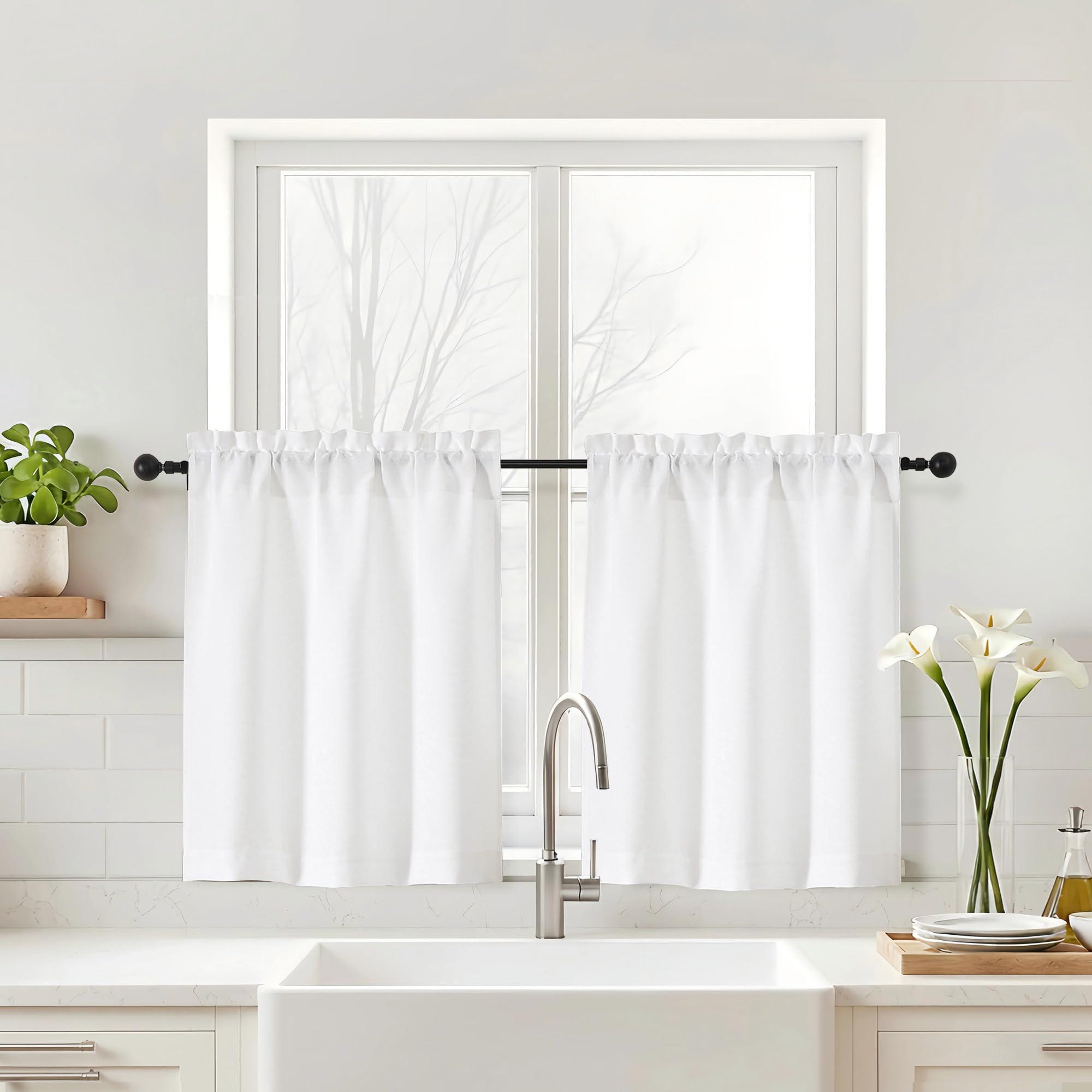 Navy Blue Kitchen Curtains 24 Inch Length - Faux Linen Textured Light Filtering Short Curtains for Bathroom, Rod Pocket Small Kitchen Window Curtains Over Sink, 2 Panels, 30Wx24L Inches