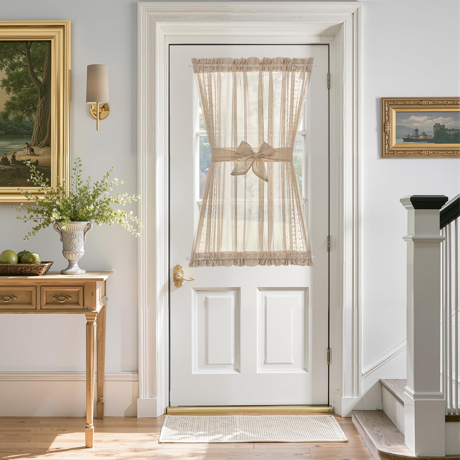 jinchan French Door Curtain Privacy Boho Embroidered Semi Sheer Voile Front Curtain for Window Doorway Closet, Door Panel with Tieback Rod Pocket 1 Panel (White on Beige, 55W x 40L Inch)