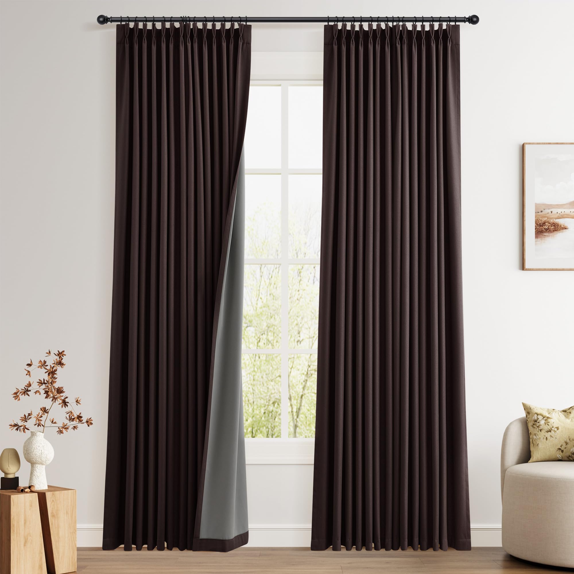 100% Blackout Sage Green Linen Curtains Pinch Pleated Green Blackout Curtains 84 Inches Long for Bedroom Living Room Memory Shaped Thermal Insulated Pinch Pleat Drapes with Hooks Rings Clips 7FT