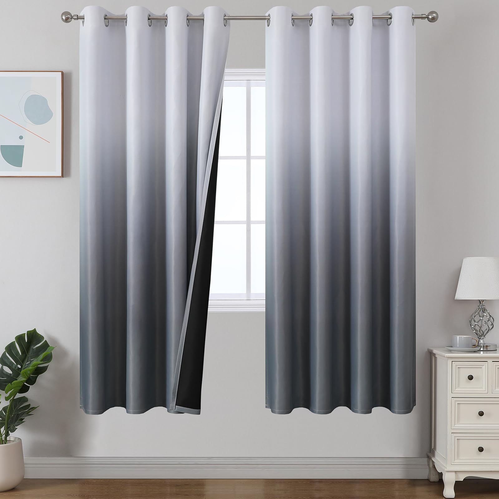 Estelar Textiler Black and Greyish White Blackout Curtains for Bedroom, Ombre Black out Curtains 84 Inch long for Living Room,Room Darkening Thermal Insulated Grommet Window Drapes,52x84 Inch,2 Panels