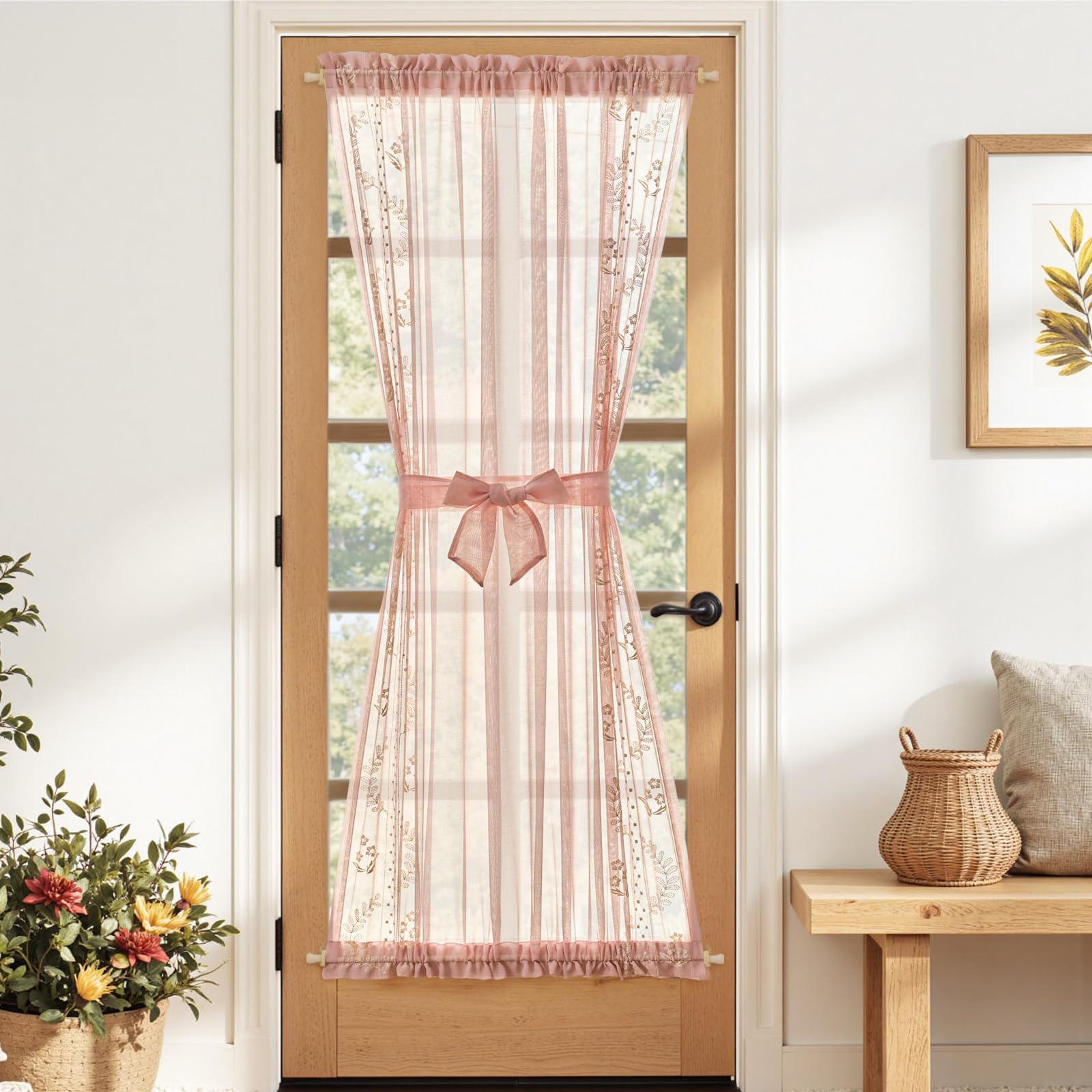 jinchan French Door Curtain Privacy Boho Embroidered Semi Sheer Voile Front Curtain for Window Doorway Closet, Door Panel with Tieback Rod Pocket 1 Panel (White on Beige, 55W x 40L Inch)