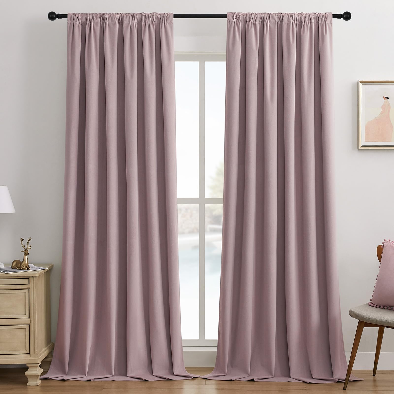 Joydeco Black 100% Blackout Curtains 84 Inch 2 Panels, Luxury Thermal Insulated Black Velvet Curtains for Bedroom Living Room, Soundproof Blackout Window Drapes, Rod Pocket & Back Tab (52W x 84L)