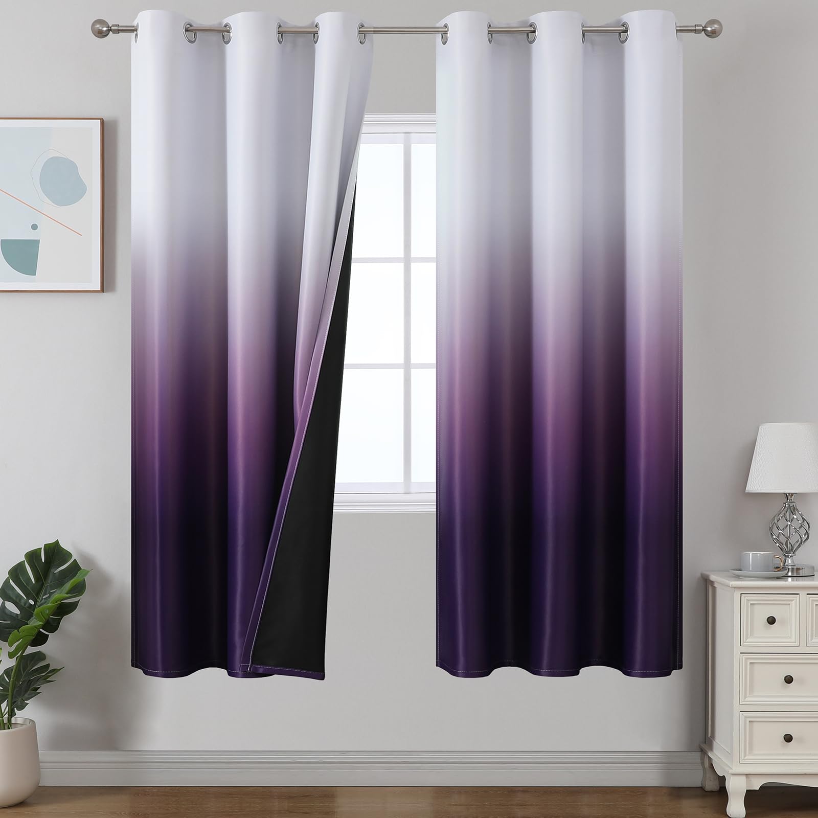 Estelar Textiler Black and Greyish White Blackout Curtains for Bedroom, Ombre Black out Curtains 84 Inch long for Living Room,Room Darkening Thermal Insulated Grommet Window Drapes,52x84 Inch,2 Panels