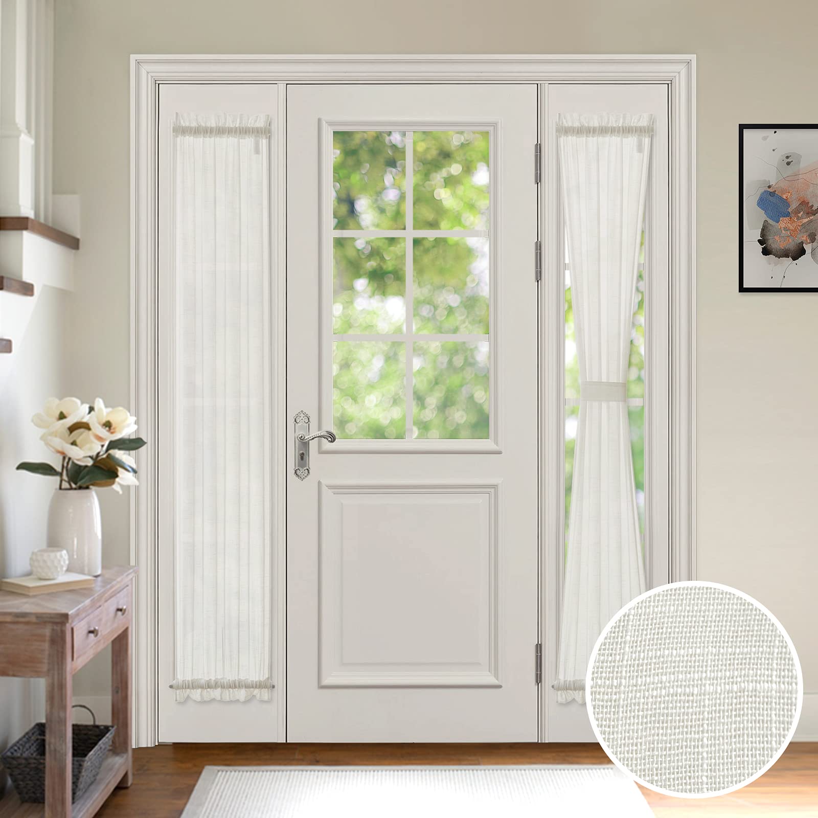 MIULEE 2 Panels Natural French Door Sheer Curtains Linen Textured Window Treatment for Light Filtering with Tieback W 25 x L 40 Inches