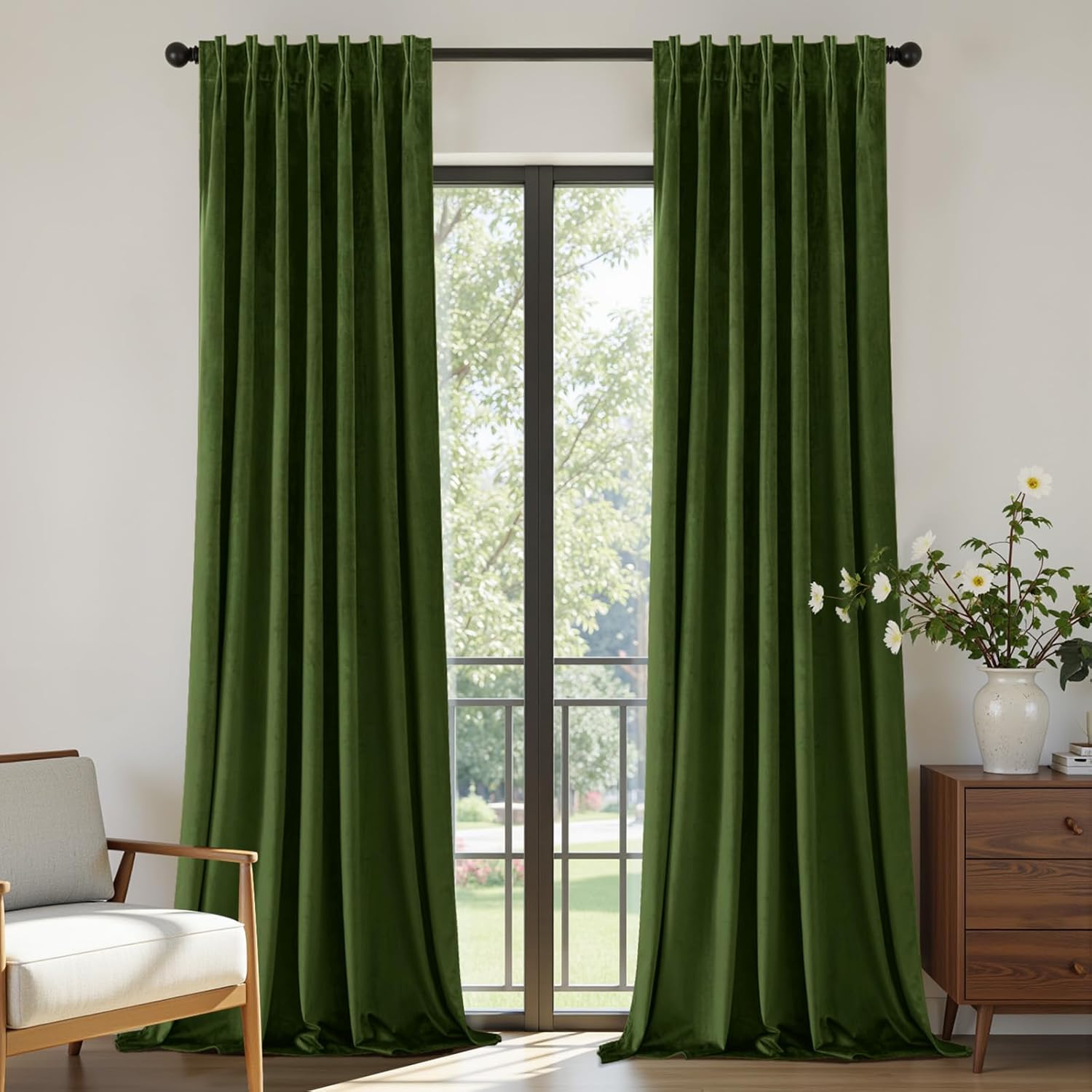 Joydeco Pinch Pleated Velvet Curtains 84 Inch Long 2 Panel Set,Green Curtains for Living Room Bedroom,Thermal Insulated Back Tab Blackout Luxury Drapes with Adjustable Hooks (40”W x84”L,Olive Green)