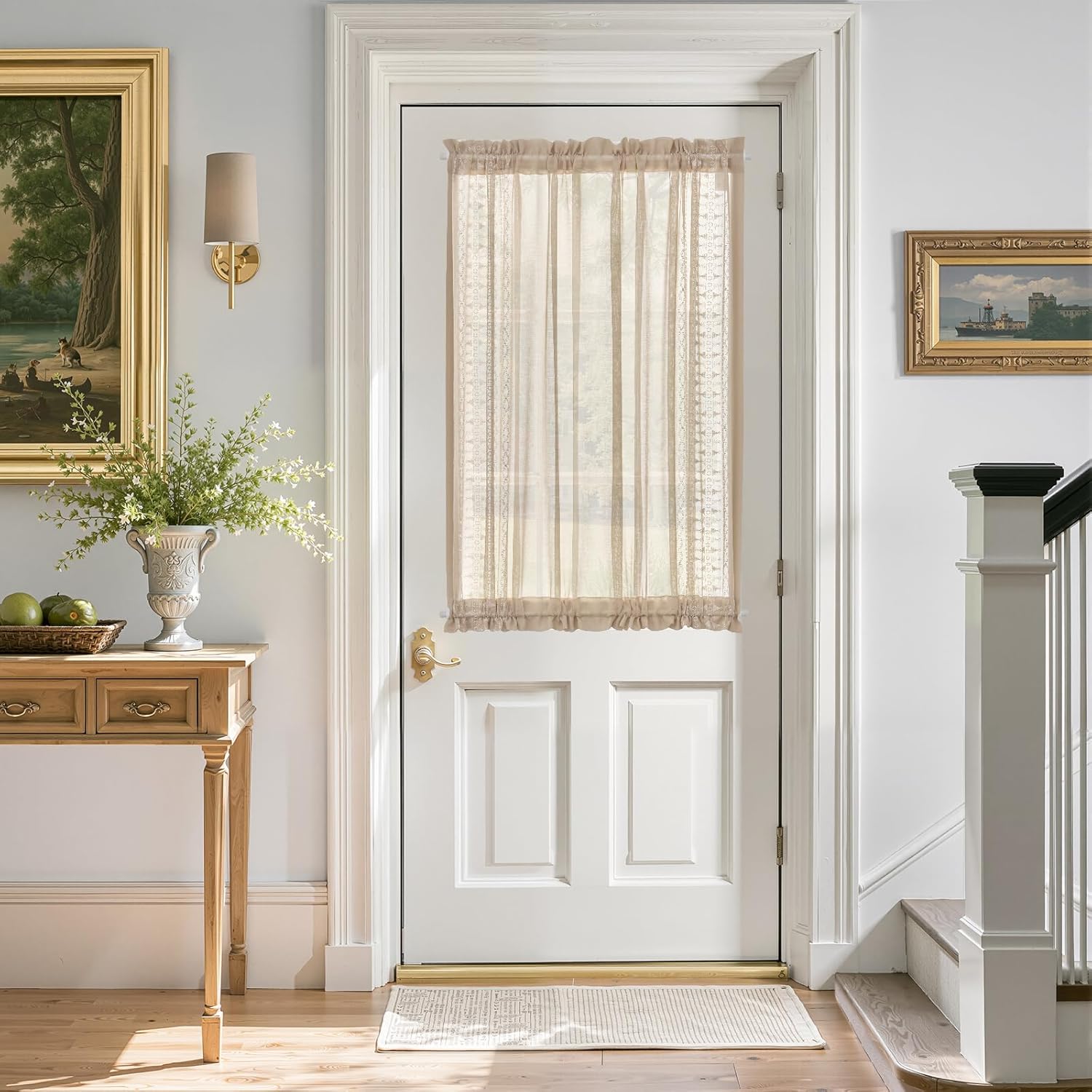 jinchan French Door Curtain Privacy Boho Embroidered Semi Sheer Voile Front Curtain for Window Doorway Closet, Door Panel with Tieback Rod Pocket 1 Panel (White on Beige, 55W x 40L Inch)