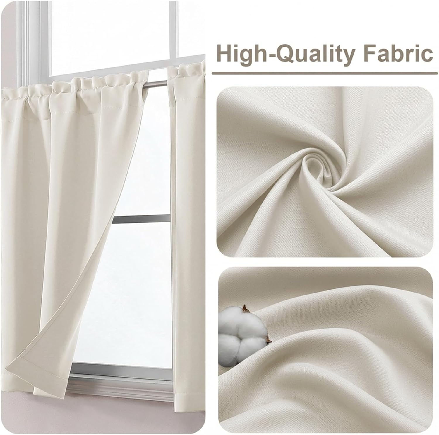 Gwine 24 Inch Length Kitchen Curtains Sets, Light Filtering Half Window Short Curtain Tiers for Bathroom Basement Cabinet Camper Small Windows, 2 PCS, Each 30" Wx24 L, Natural