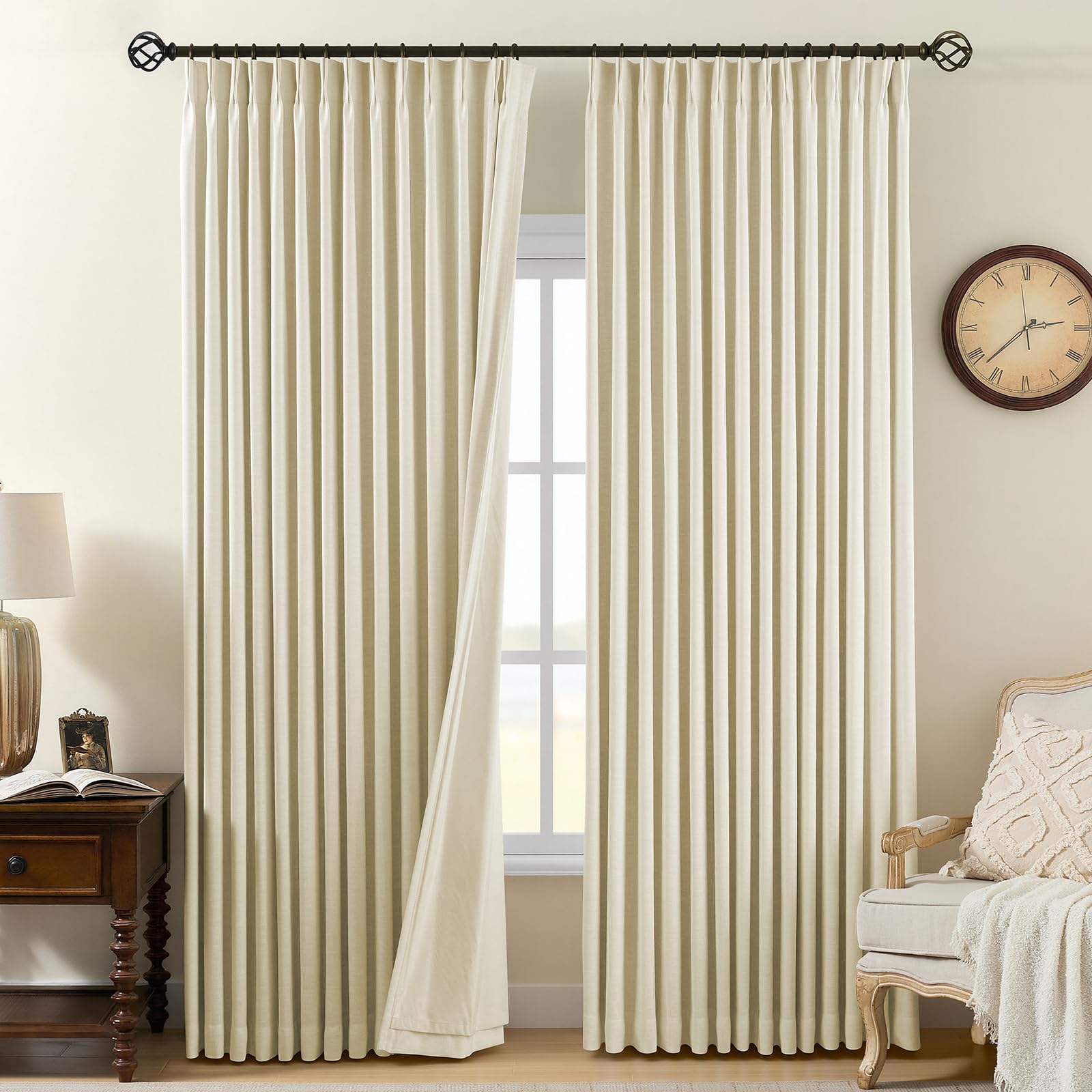 Pinch Pleated Curtains 100% Blackout Linen Curtains 95 Inches Long for Bedroom Living Room, Natural Memory Trained Thermal Insulated Room Darkening Window Pleat Drapes with Hooks, 2 Panels, 40"Wx95"L