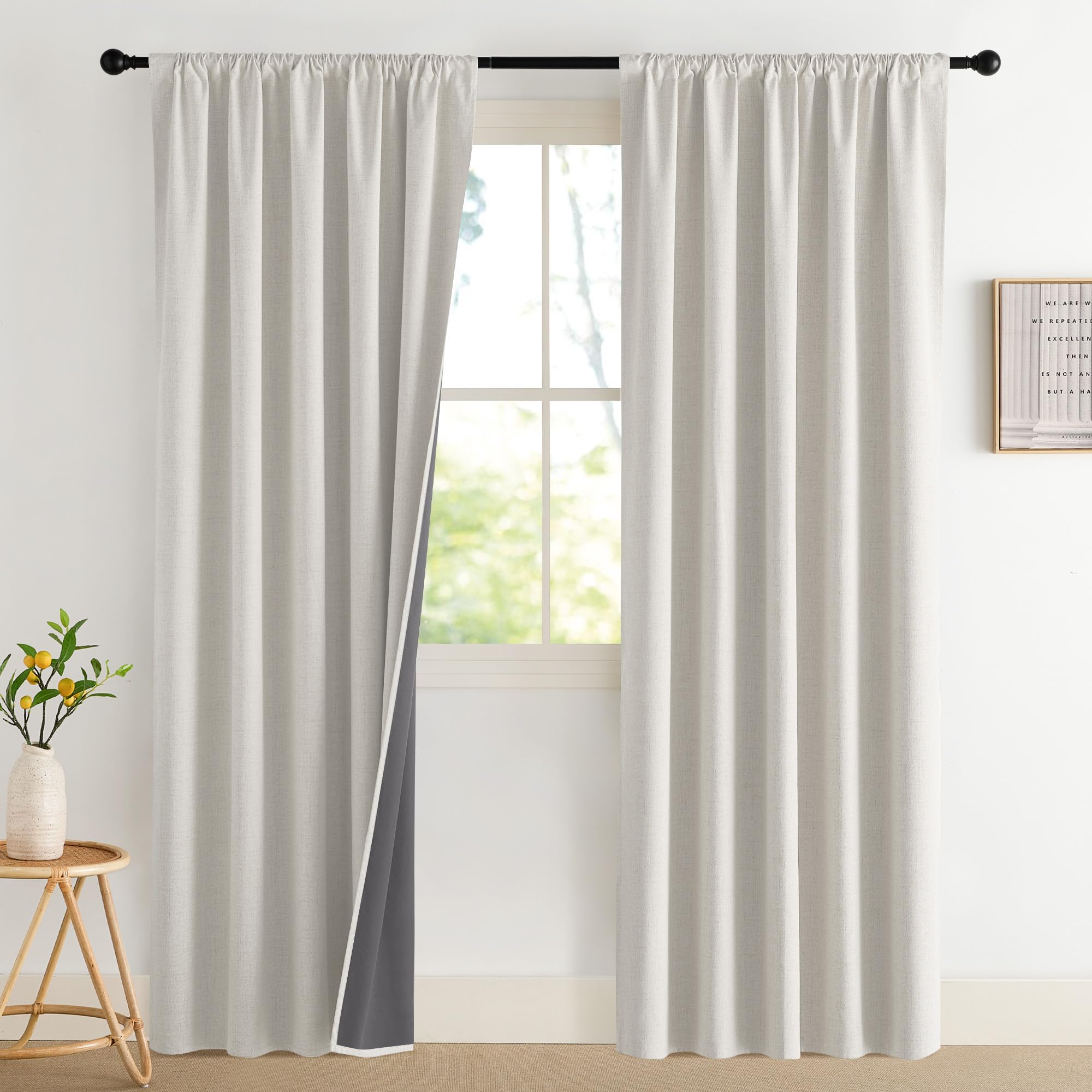 NICETOWN 100% Blackout Curtains for Bedroom, Living Room - Linen Textured Thermal Insulated Drapes Rod Pocket Top, Black Out Curtains with Grey Liner for Privacy, Natural, W52 x L80 in, 2 Panels