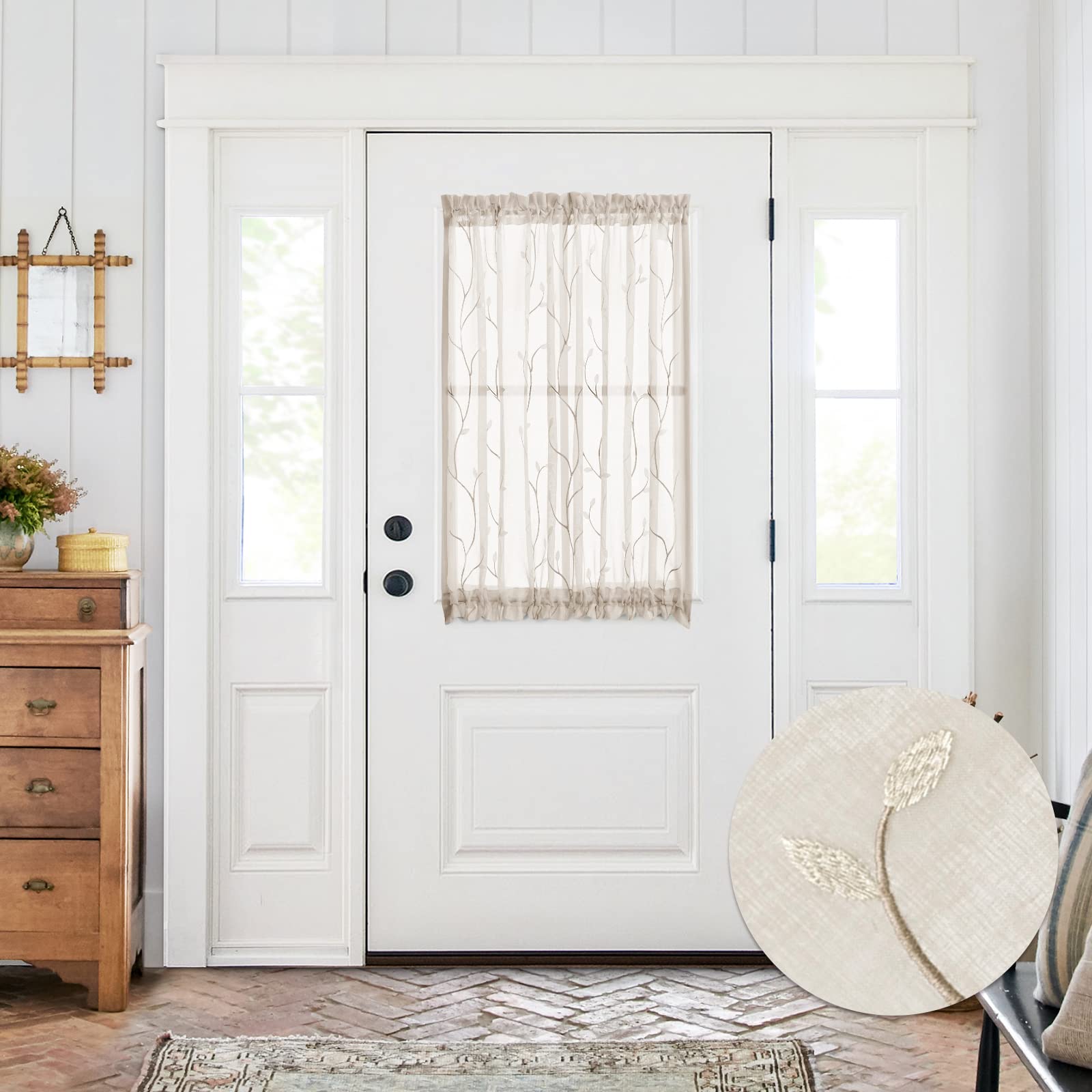 jinchan French Door Curtain Privacy Boho Embroidered Semi Sheer Voile Front Curtain for Window Doorway Closet, Door Panel with Tieback Rod Pocket 1 Panel (White on Beige, 55W x 40L Inch)