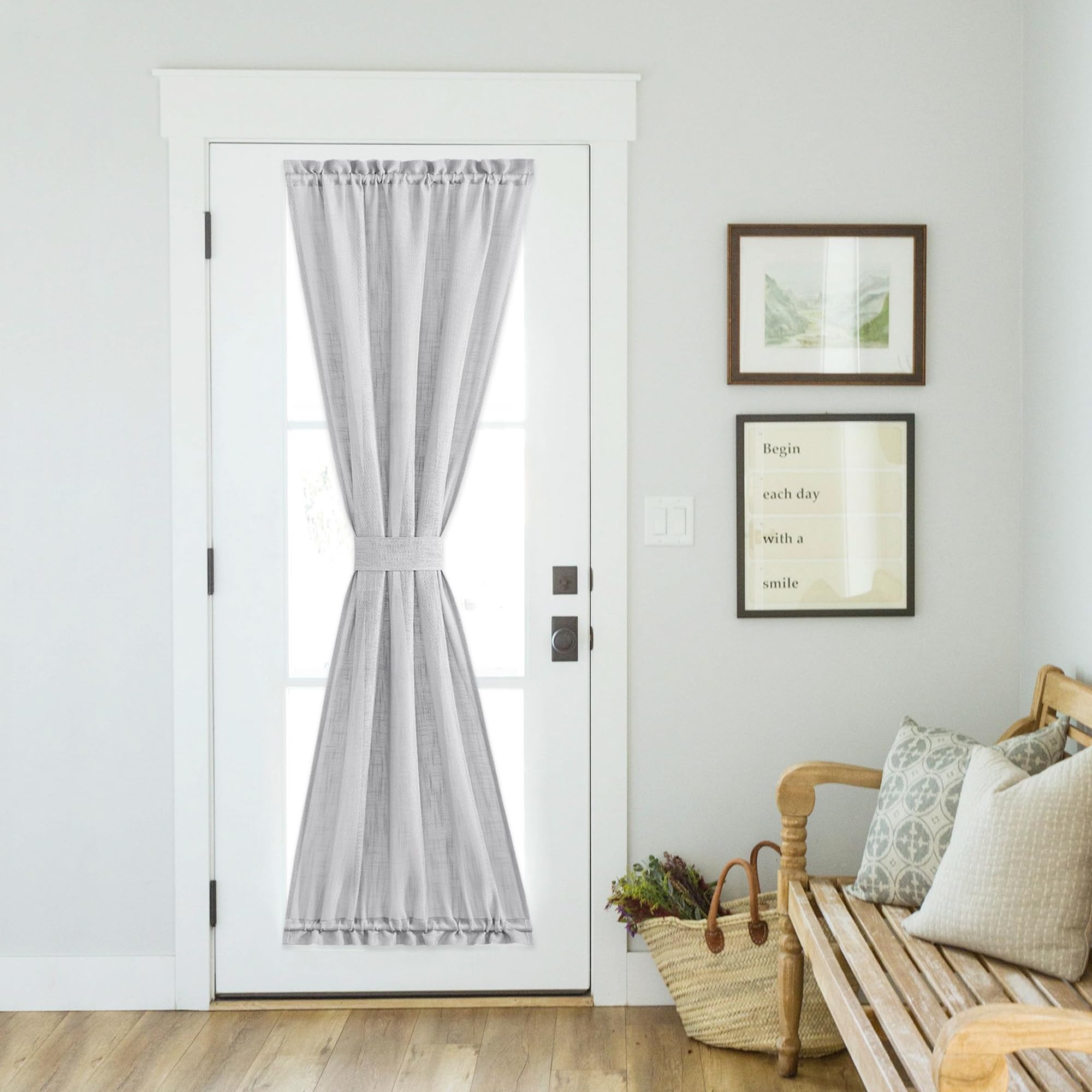 NICETOWN Front Door Curtain - Soft Beige Linen Weave Pattern Door Shade for Windows Light Filtering Rod Pocket French Window Cover for Entryway/Garage with Tieback, 1 Panel, 26" W x 40" L