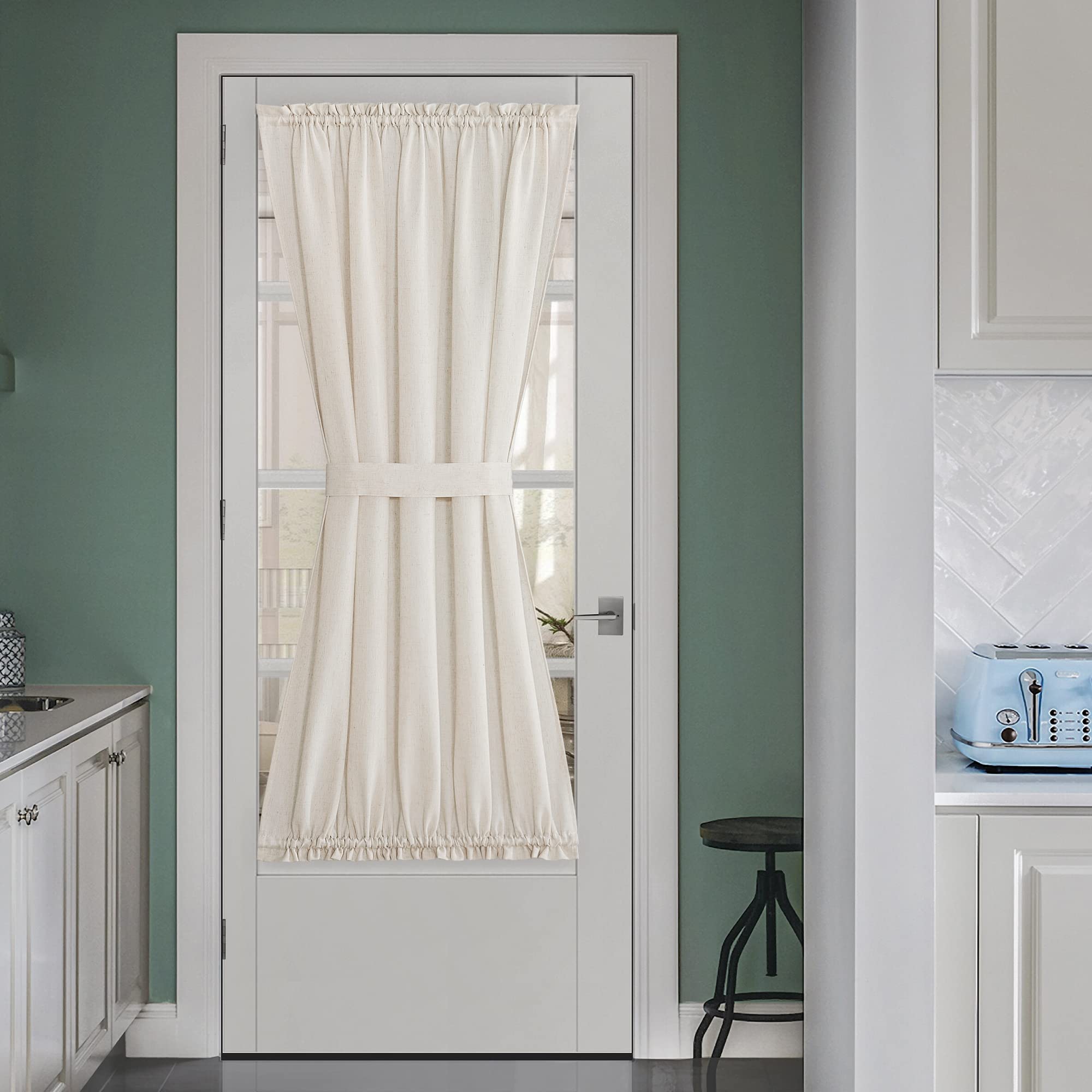 NICETOWN Front Door Curtain - Soft Beige Linen Weave Pattern Door Shade for Windows Light Filtering Rod Pocket French Window Cover for Entryway/Garage with Tieback, 1 Panel, 26" W x 40" L