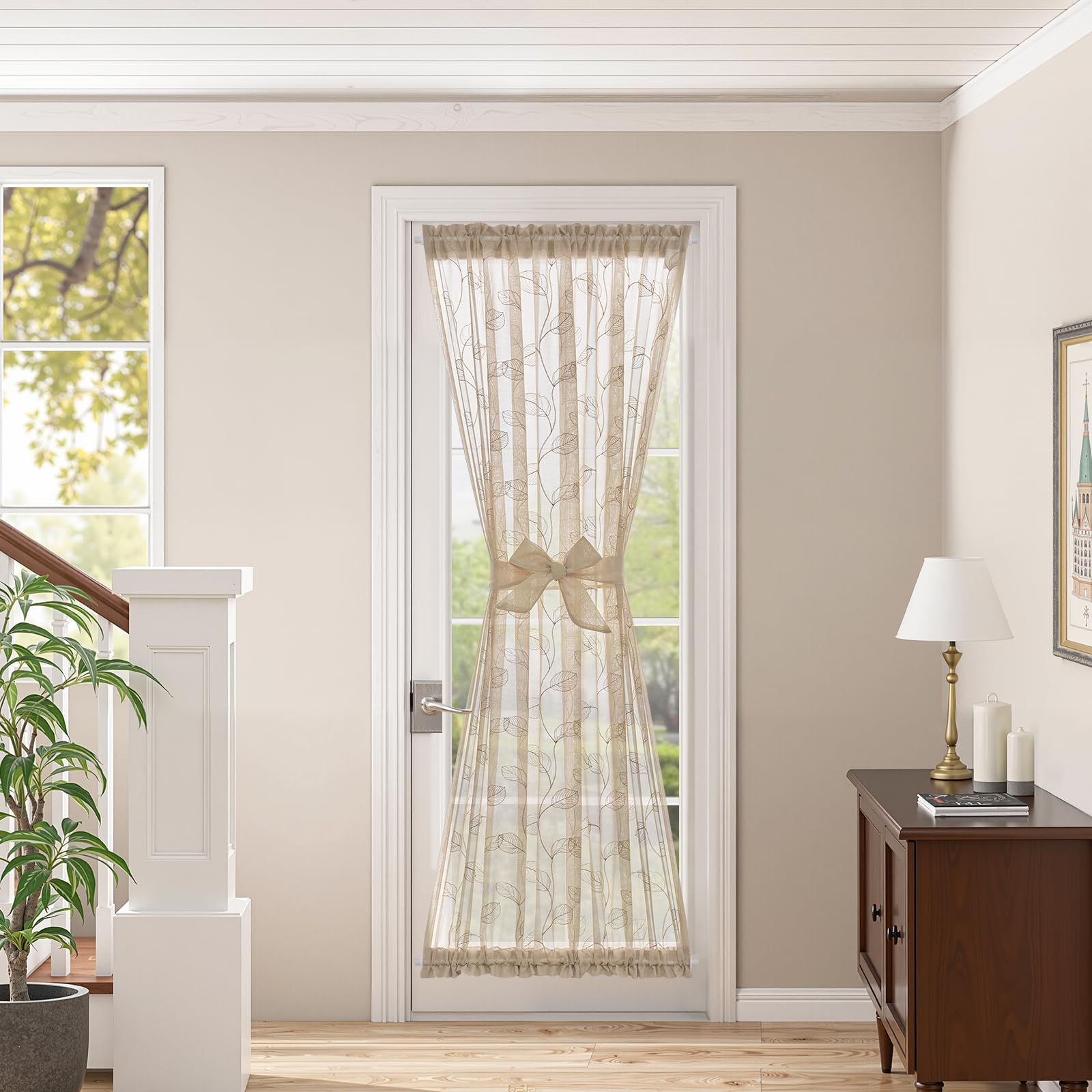 jinchan French Door Curtain Privacy Boho Embroidered Semi Sheer Voile Front Curtain for Window Doorway Closet, Door Panel with Tieback Rod Pocket 1 Panel (White on Beige, 55W x 40L Inch)