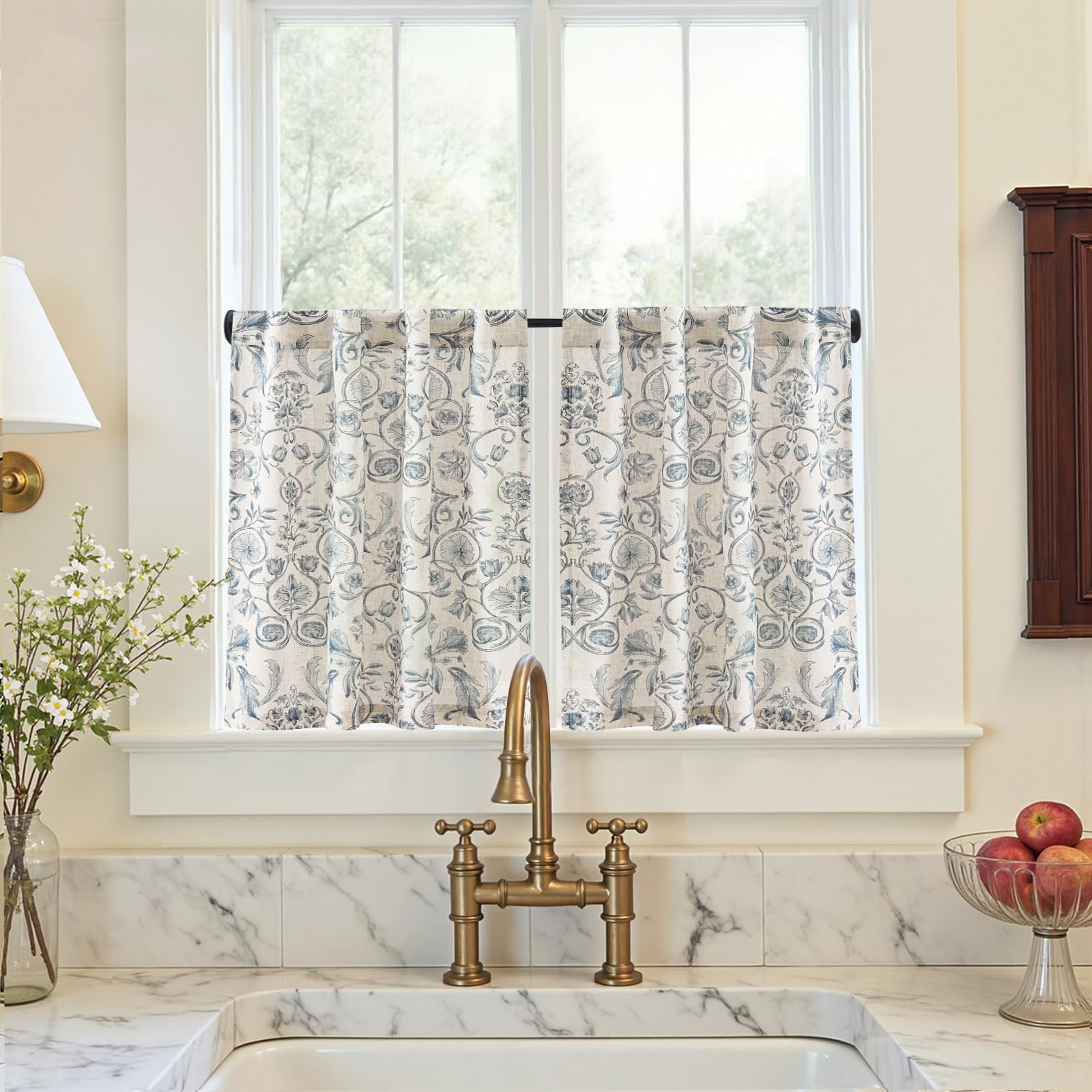 jinchan Linen Kitchen Curtains 24 Inch Vintage Floral Tier Curtains Farmhouse Cottage Cafe Rod Pocket Country Small Window for Laundry Room Bathroom RV 2 Panels Blue on Beige