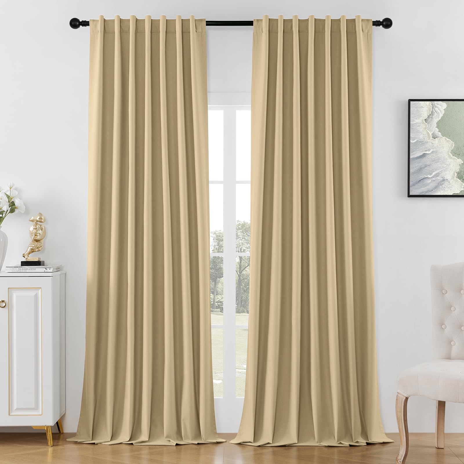 Joydeco White Blackout Curtains 96 Inches Long - 100% Blackout Curtain 2 Panel Set, Rod Pocket & Back Tabs Thermal Insulated Window Drapes for Bedroom Living Room (Pure White,52" Wx96 L)