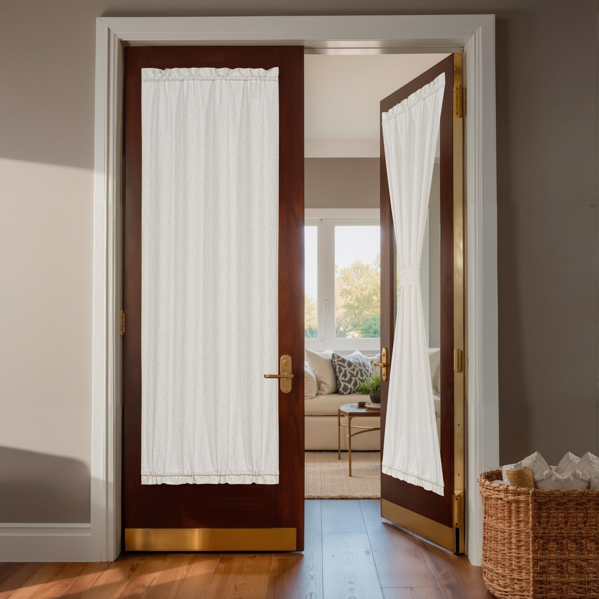 NICETOWN Front Door Curtain - Soft Beige Linen Weave Pattern Door Shade for Windows Light Filtering Rod Pocket French Window Cover for Entryway/Garage with Tieback, 1 Panel, 26" W x 40" L