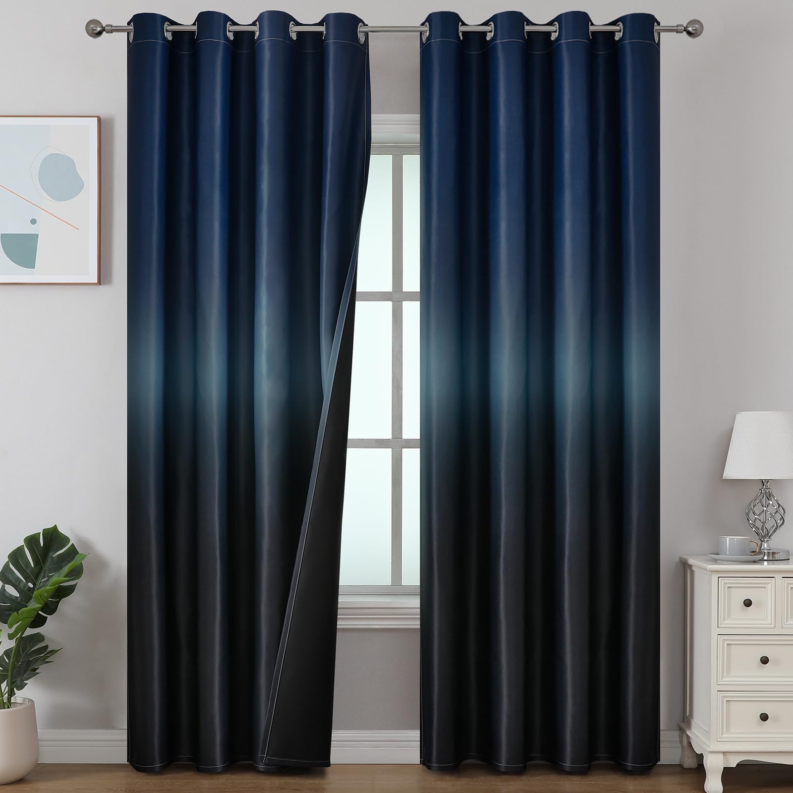 Estelar Textiler Black and Greyish White Blackout Curtains for Bedroom, Ombre Black out Curtains 84 Inch long for Living Room,Room Darkening Thermal Insulated Grommet Window Drapes,52x84 Inch,2 Panels