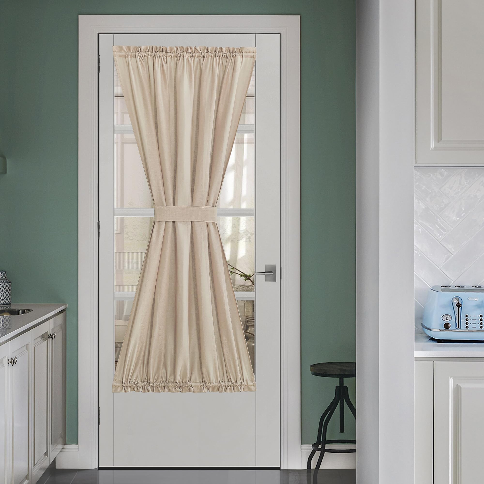 NICETOWN Front Door Curtain - Soft Beige Linen Weave Pattern Door Shade for Windows Light Filtering Rod Pocket French Window Cover for Entryway/Garage with Tieback, 1 Panel, 26" W x 40" L