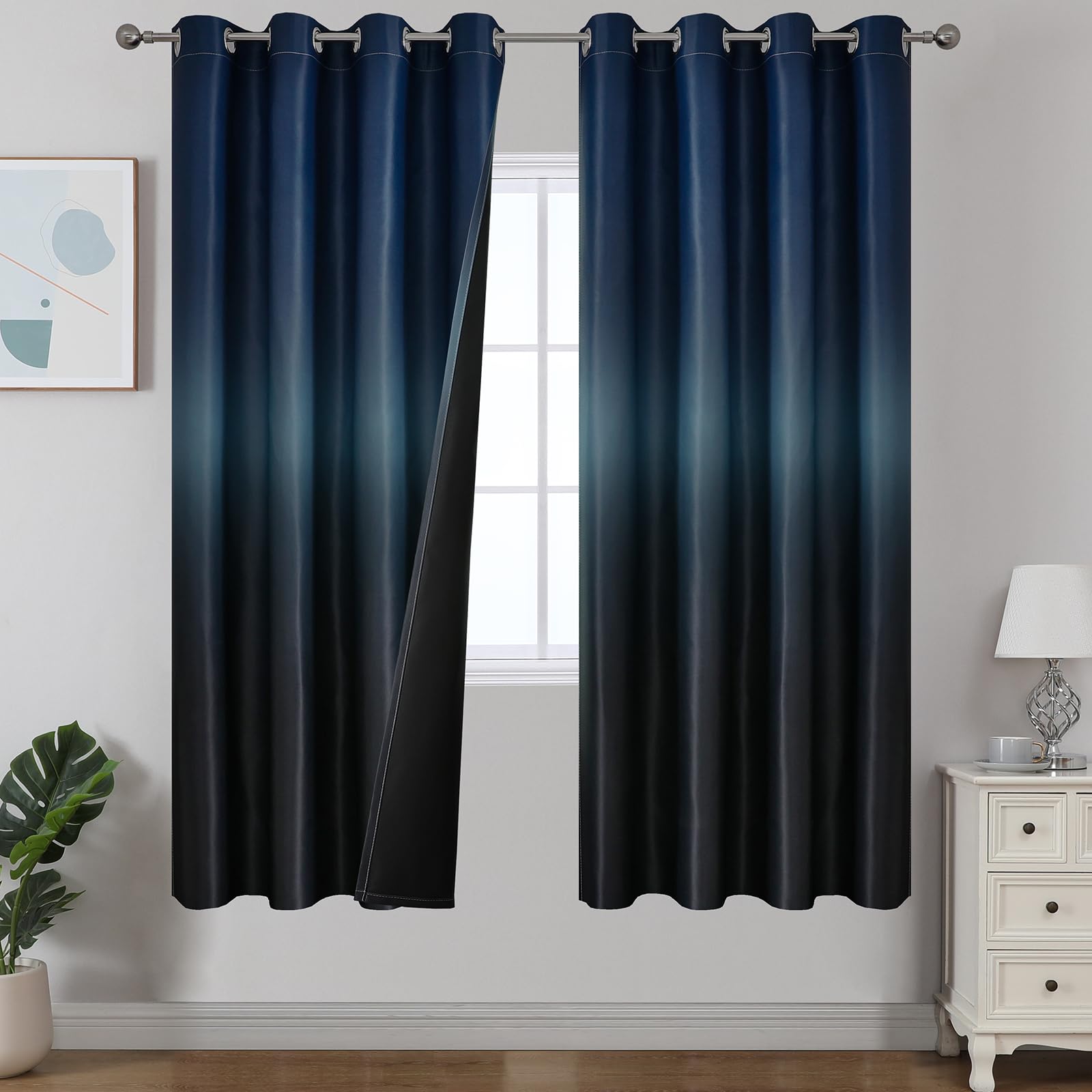 Estelar Textiler Black and Greyish White Blackout Curtains for Bedroom, Ombre Black out Curtains 84 Inch long for Living Room,Room Darkening Thermal Insulated Grommet Window Drapes,52x84 Inch,2 Panels