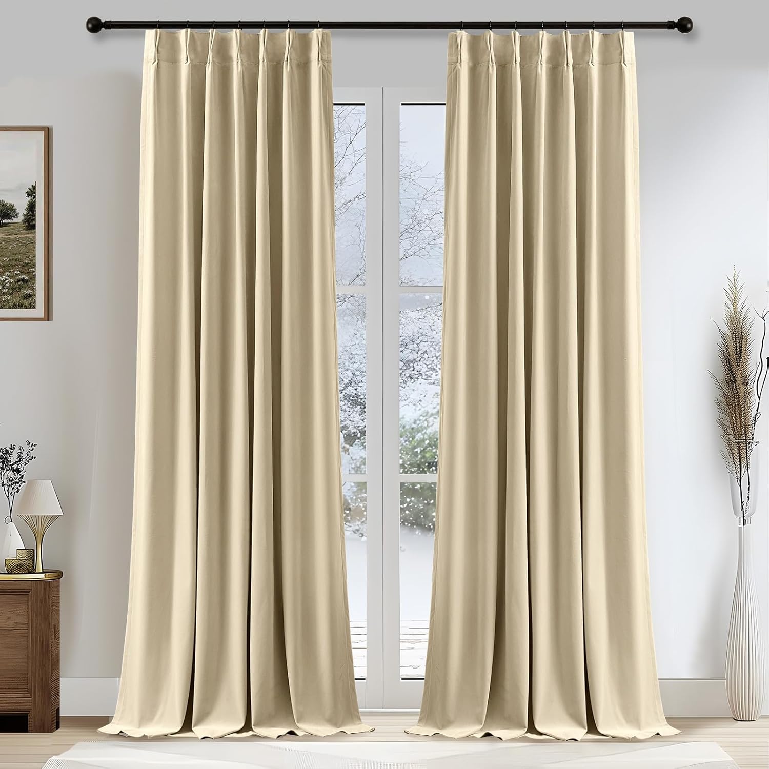 Cream Pinch Pleated Velvet Blackout Curtains 84 inches Long 2 Panels Set,Ivory Luxury Modern Elegant Drapes for Bedroom Living Room,Thermal Insulated Back Tab Window Panels,W40 x L84,Home Decor