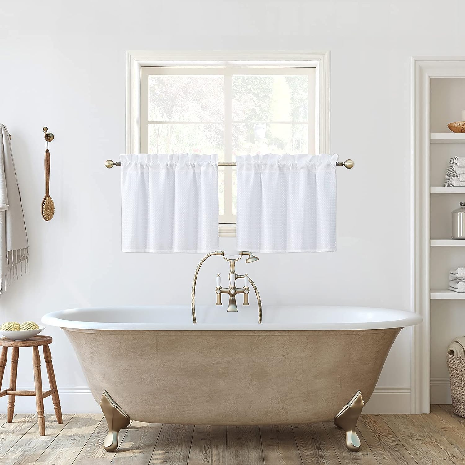 Home Queen White Water Resistant Bathroom Window Curtain, Waffle Textured Half Tier Curtains for Kitchen Cafe, 36" W X 24" L Inches, Set of 2