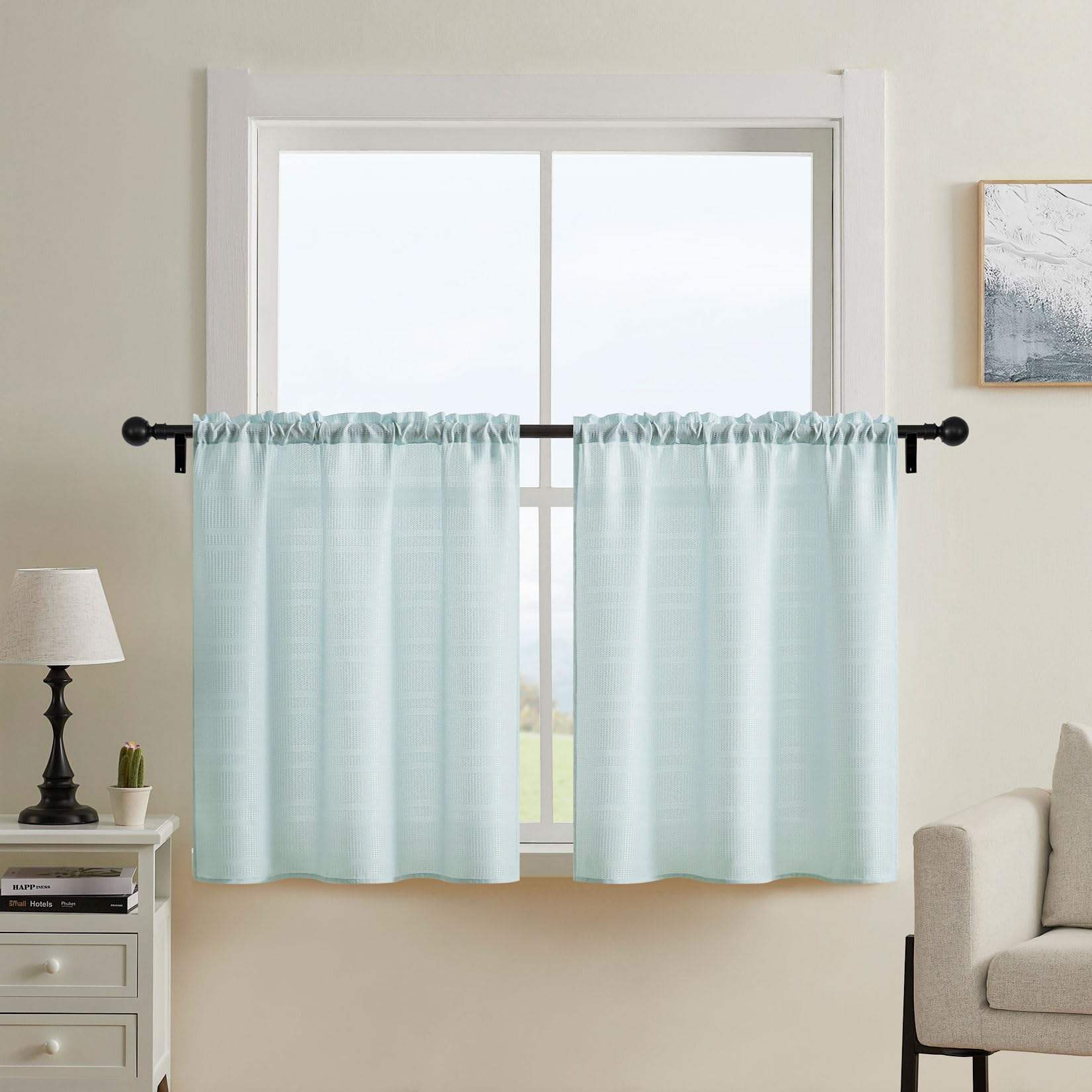 Home Queen White Water Resistant Bathroom Window Curtain, Waffle Textured Half Tier Curtains for Kitchen Cafe, 30" W X 36" L Inches, Set of 2