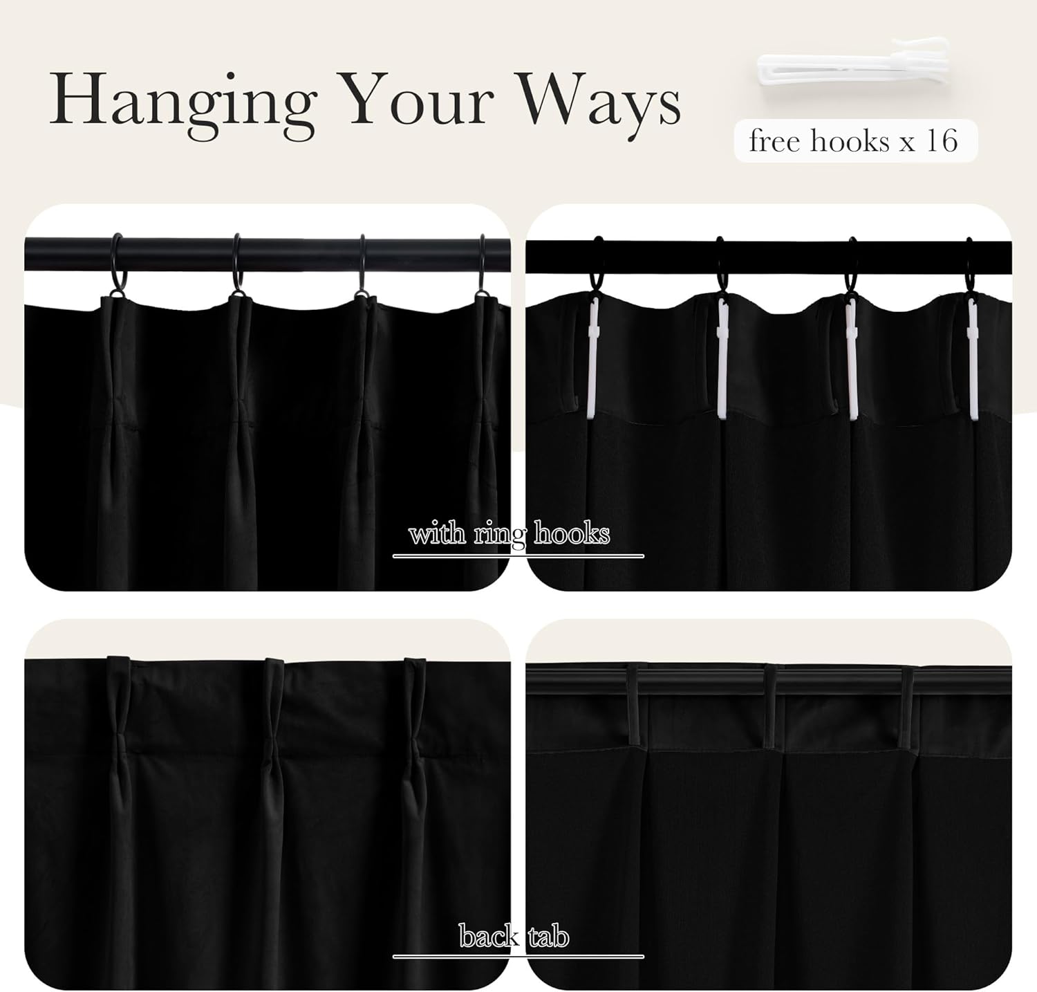 NICETOWN Black Velvet Pinch Pleated Blackout Room Darkening Window Curtains 92 Inch Long for Living/Dining Room Bedroom Theater Heat Insulate Velvet Back Tab Track Drapes Hooks 2 Panels W40