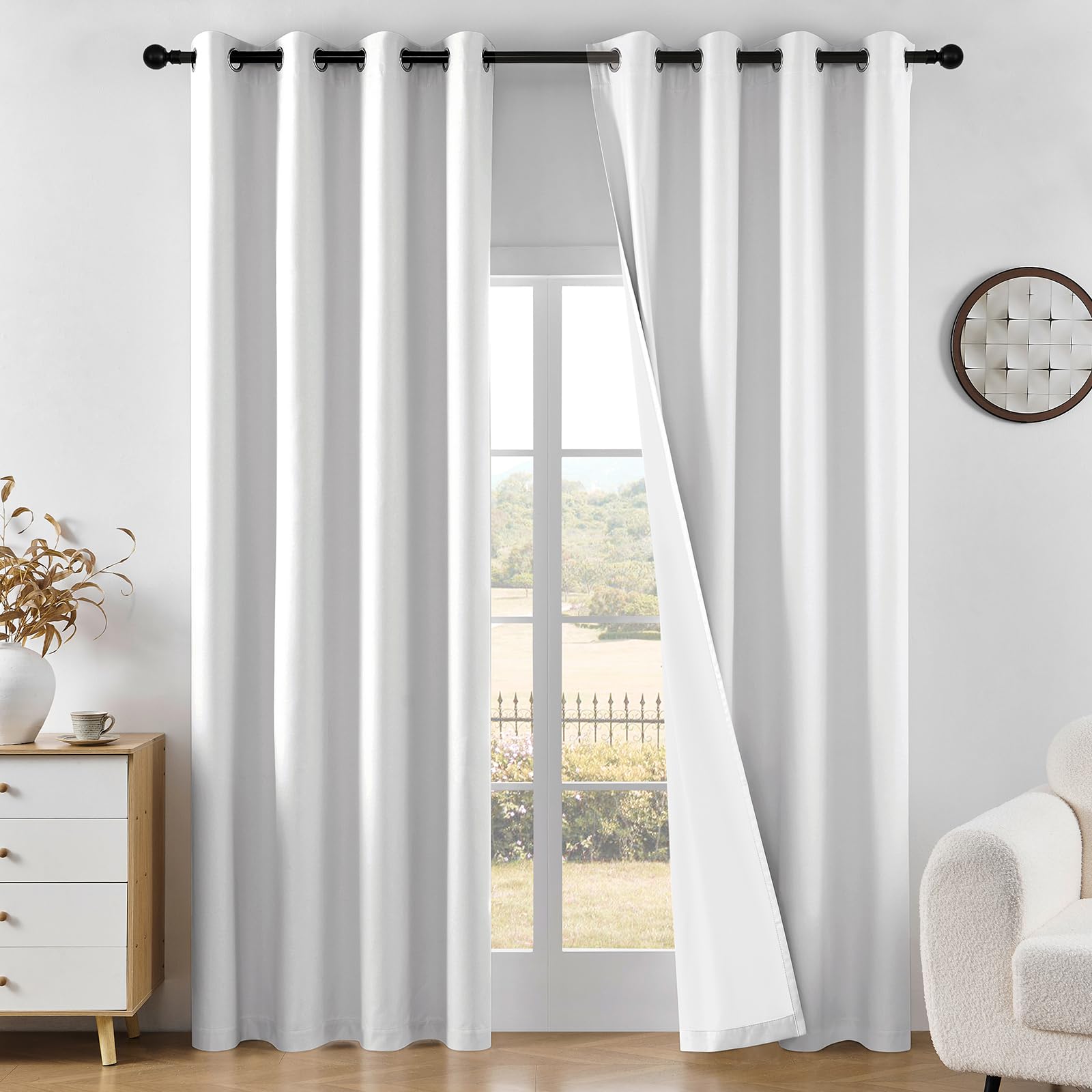 Joydeco White Blackout Curtains 96 Inches Long - 100% Blackout Curtain 2 Panel Set, Rod Pocket & Back Tabs Thermal Insulated Window Drapes for Bedroom Living Room (Pure White,52" Wx96 L)