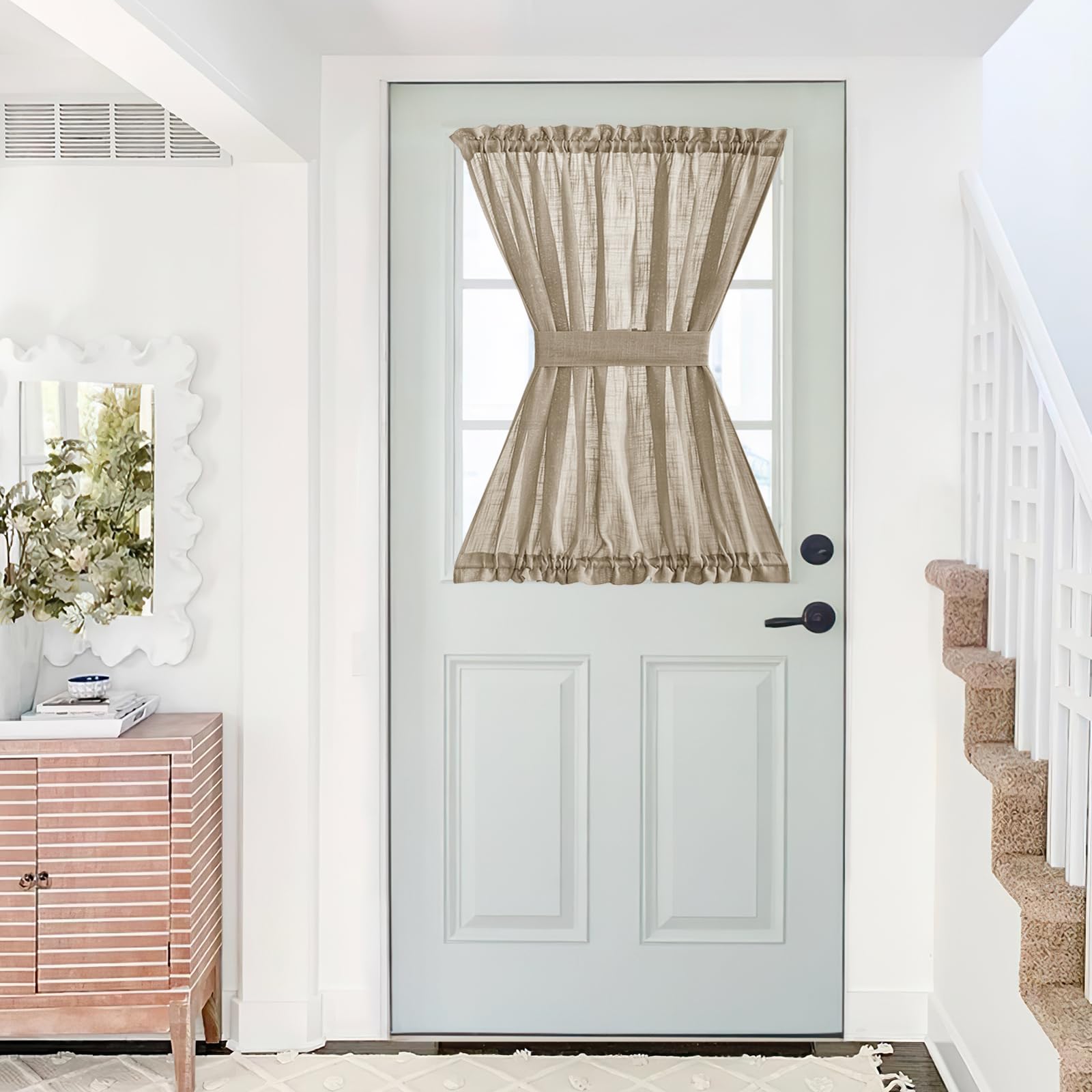 NICETOWN Front Door Curtain - Soft Beige Linen Weave Pattern Door Shade for Windows Light Filtering Rod Pocket French Window Cover for Entryway/Garage with Tieback, 1 Panel, 26" W x 40" L