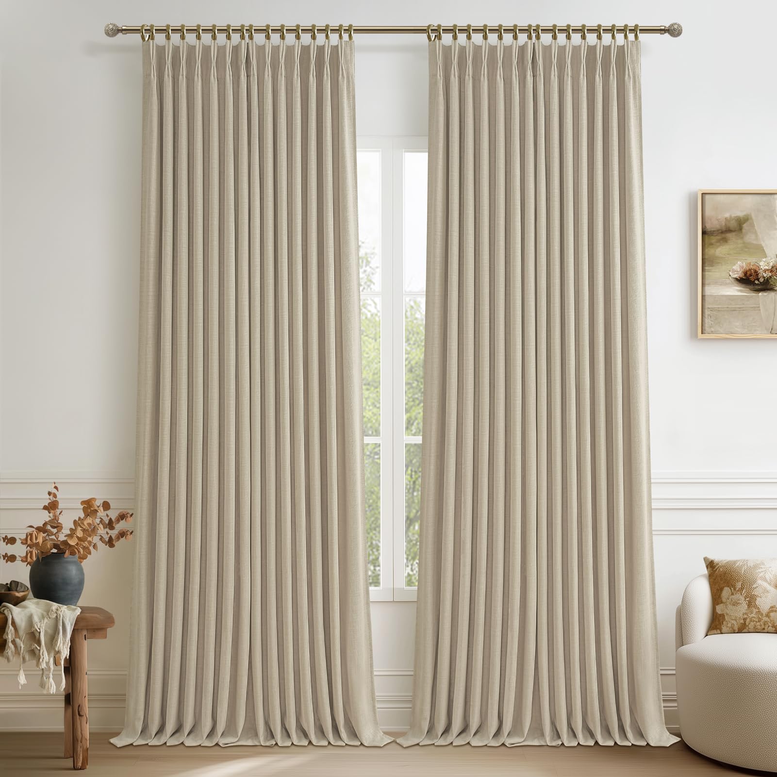 100% Blackout Linen 96 Inch Curtains 2 Panel Set for Bedroom, Modern Pinch Pleated Natural Linen Off Beige White Insulated Heavy Curtain 40 x 96 Inches Length Sliding Glass Door Room Darkening Drapes