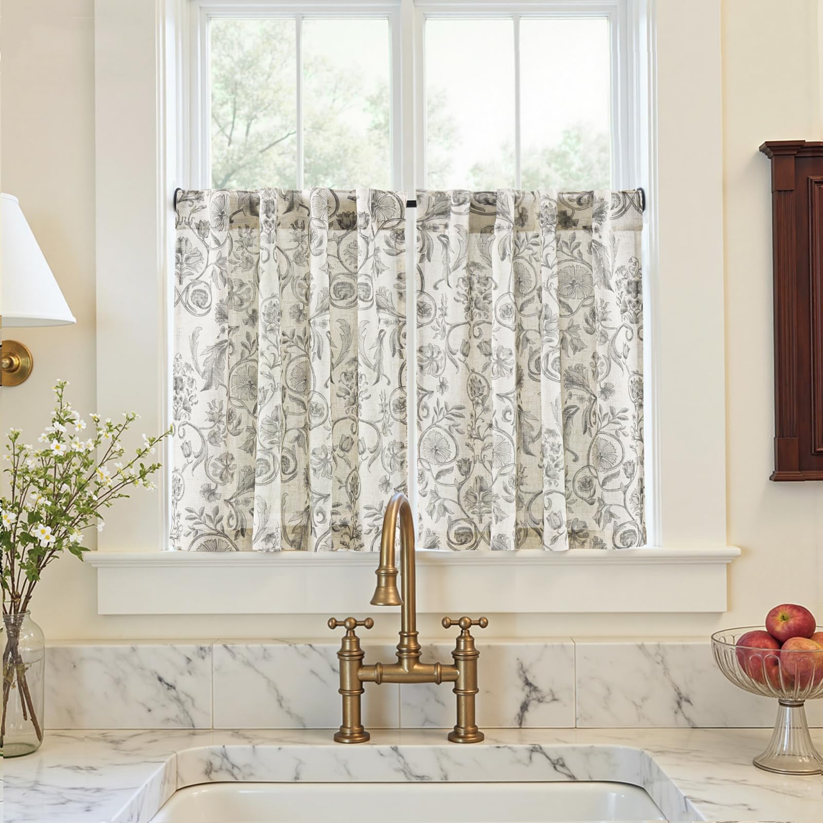 jinchan Linen Kitchen Curtains 24 Inch Vintage Floral Tier Curtains Farmhouse Cottage Cafe Rod Pocket Country Small Window for Laundry Room Bathroom RV 2 Panels Blue on Beige