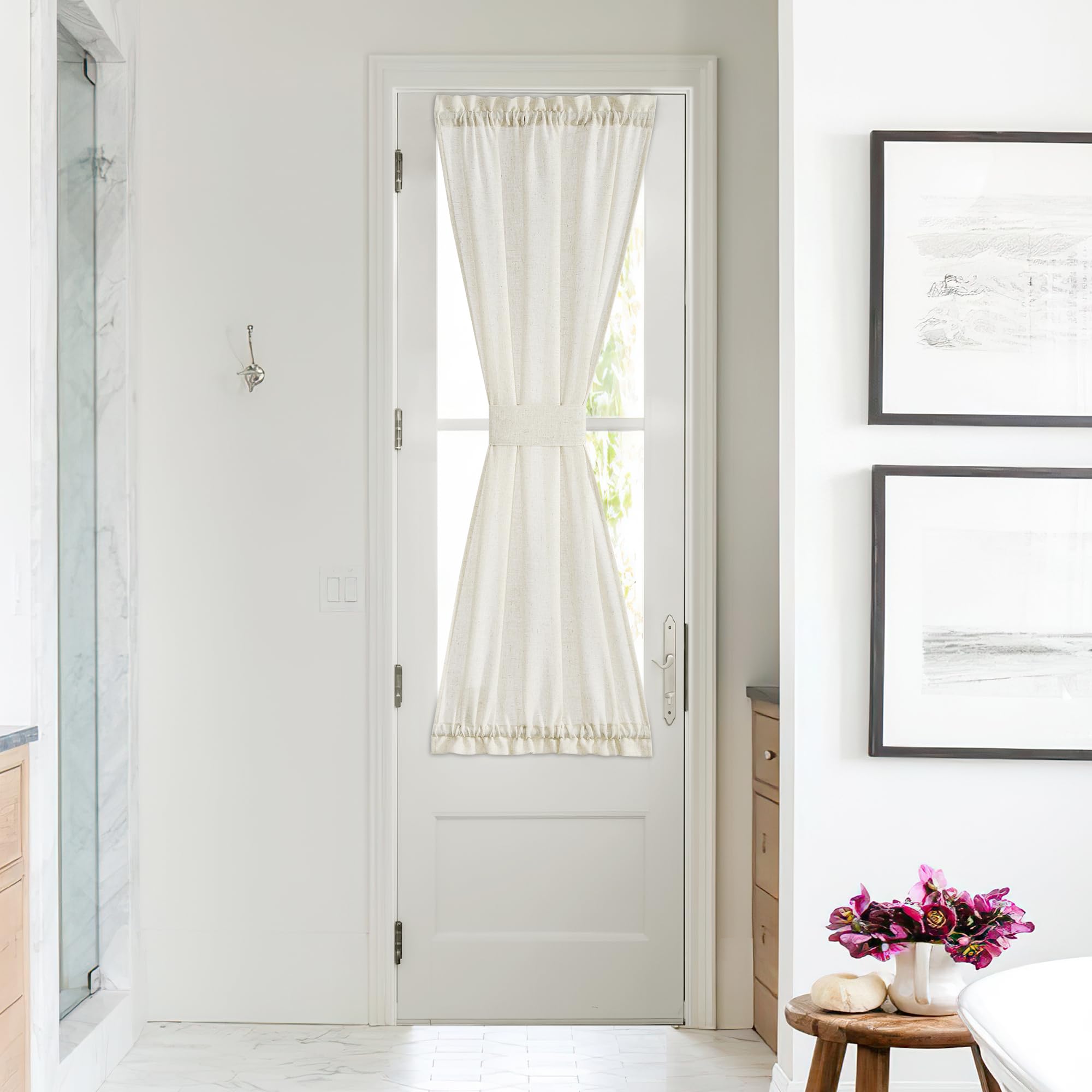 NICETOWN Front Door Curtain - Soft Beige Linen Weave Pattern Door Shade for Windows Light Filtering Rod Pocket French Window Cover for Entryway/Garage with Tieback, 1 Panel, 26" W x 40" L