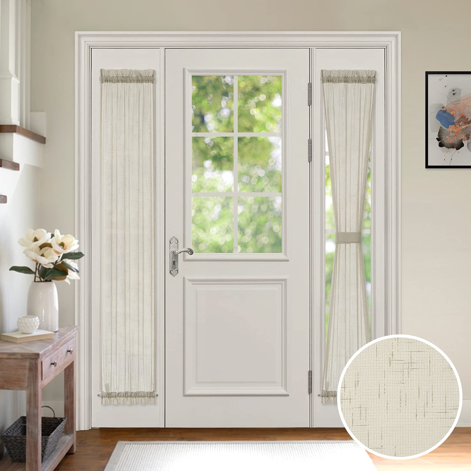 MIULEE 2 Panels Natural French Door Sheer Curtains Linen Textured Window Treatment for Light Filtering with Tieback W 25 x L 40 Inches