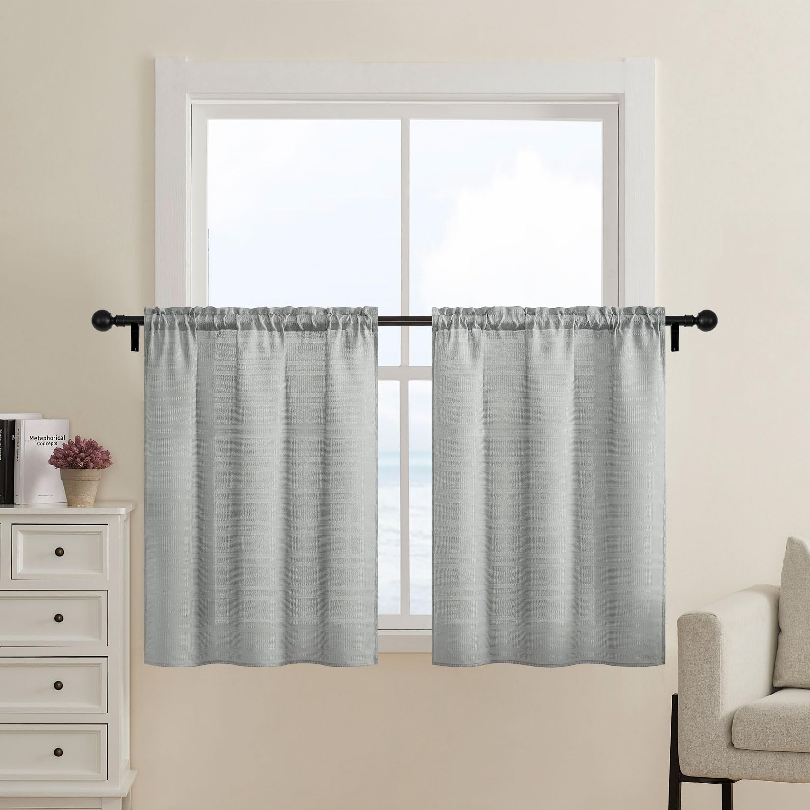 Home Queen White Water Resistant Bathroom Window Curtain, Waffle Textured Half Tier Curtains for Kitchen Cafe, 30" W X 36" L Inches, Set of 2